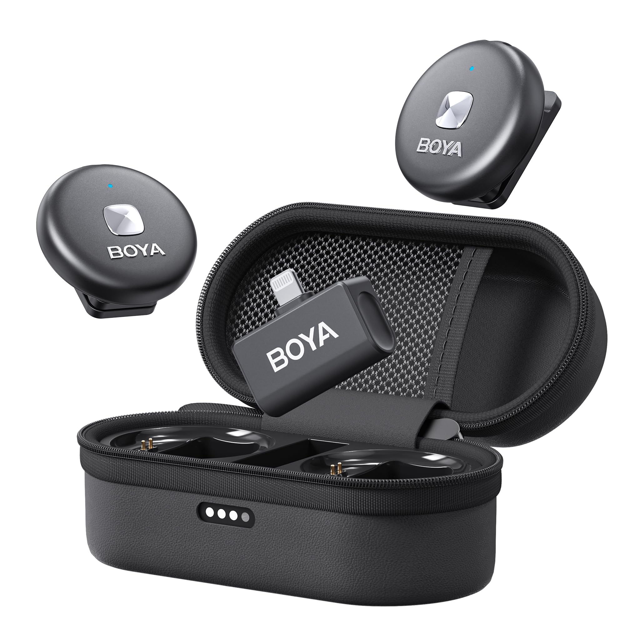 Microfone de lapela sem fio BOYA Omic-d-b para dispositivos iPhone iOS, cancelamento de ruído do telefone, bateria de 5 horas, transmissão estável, microfone de podcast sem fio