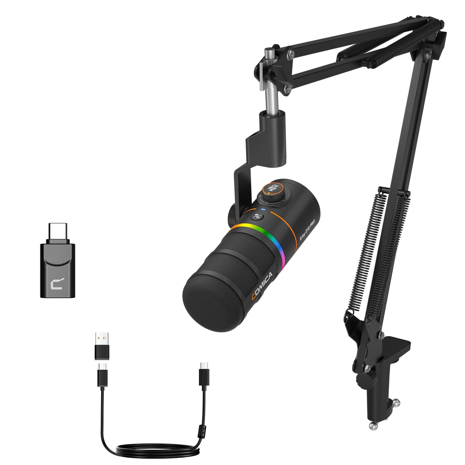 COMICA EJoy D10 Pro Microfone Dinâmico XLR/USB-C para PC e Consoles, com Braço Articulado, Mudo, Redução de Ruído e Controle de Ganho, Ideal para Gravação, Podcast, Streaming e YouTube
