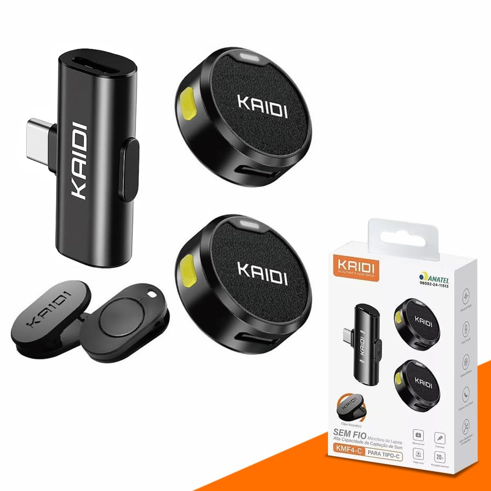 Microfone de Lapela Sem Fio Kit C/ 2 Un P/Celulares Com Conexão USB Tipo C, Iphone (15/16), Android, Podcast, YouTube, TikTok, Instagram, Entrevistas, Lives, Captação Profissional de Áudio, Bluetooth