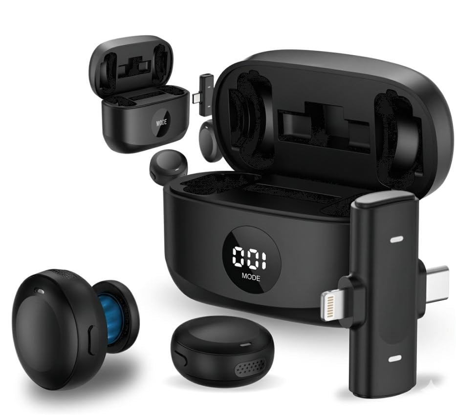 Kit 2 Microfones de Lapela Sem Fio USB-C com Cancelamento de Ruído – Compatível com Android e iPhone, Áudio HD para Vídeos, Lives e Podcasts