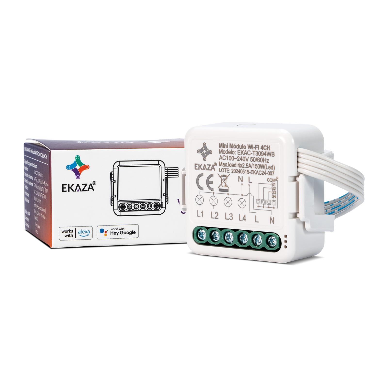 EKAZA Interruptor Mini Módulo Embutido com clipe 4 Canais, Wi-Fi + Bluetooth, EKAC-T3094WB