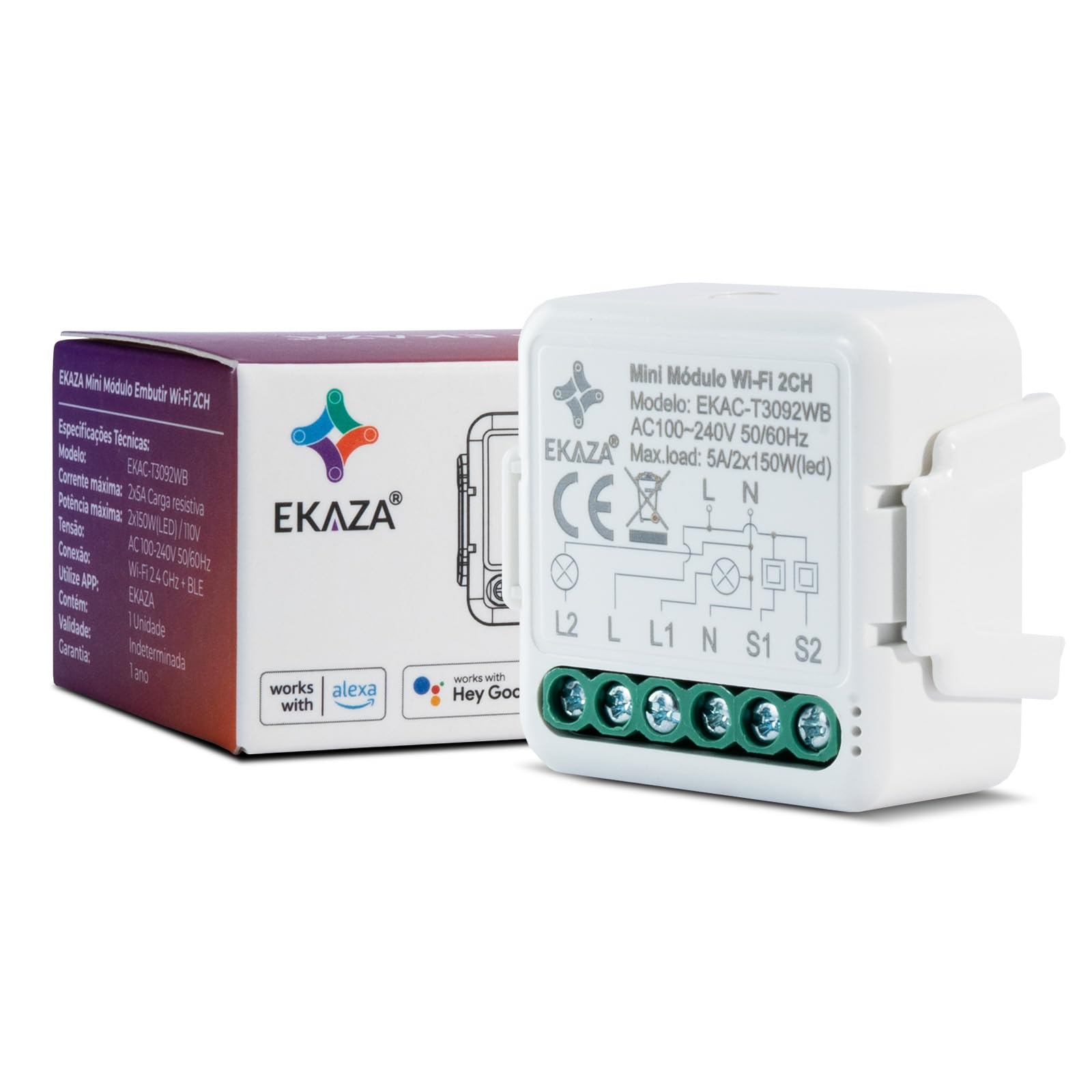 EKAZA Interruptor Mini Módulo Embutido Wi-Fi, 2 Canais – EKAC-T3092WB
