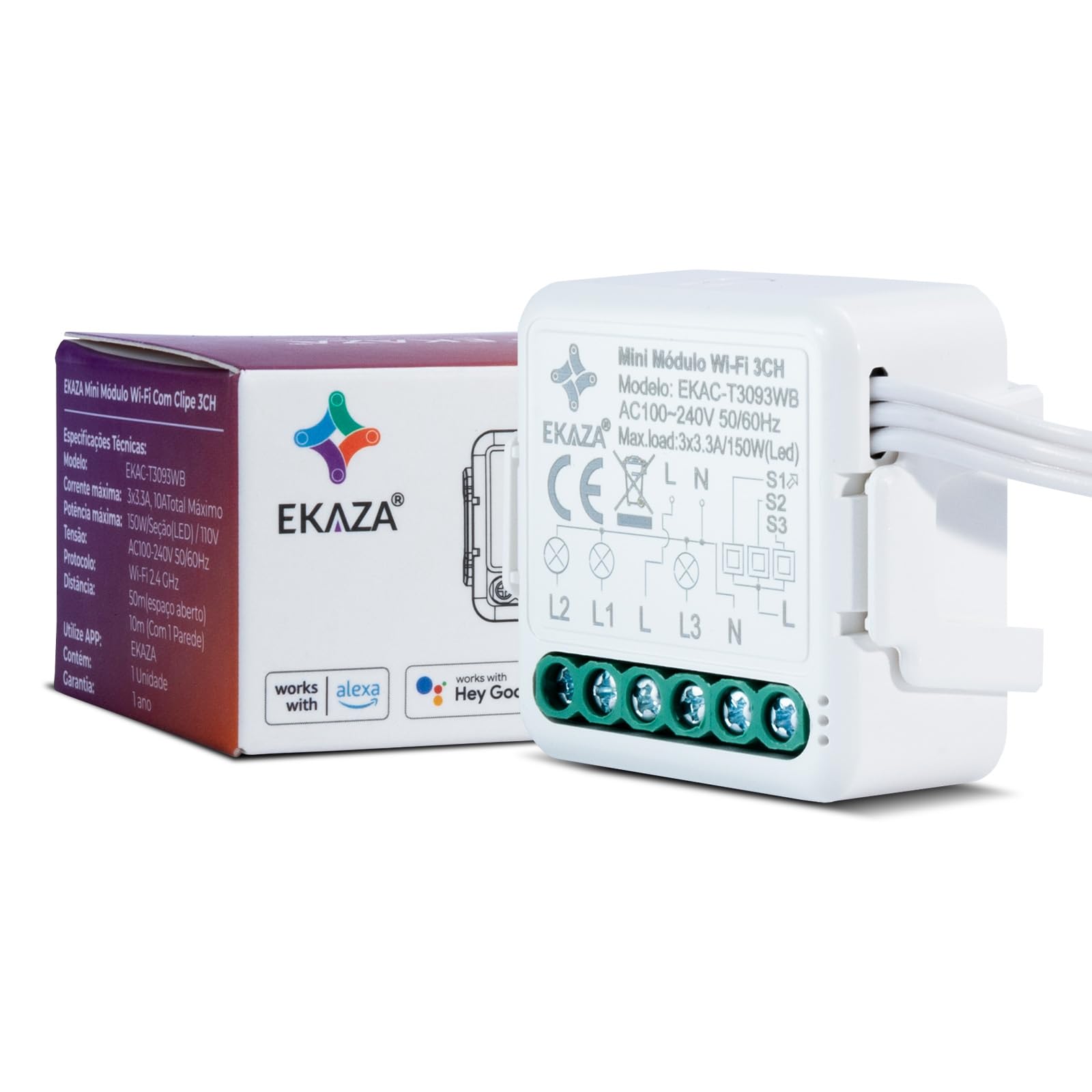 EKAZA Interruptor Mini Módulo Embutido Wi-Fi, 3 Canais – EKAC-T3093WB