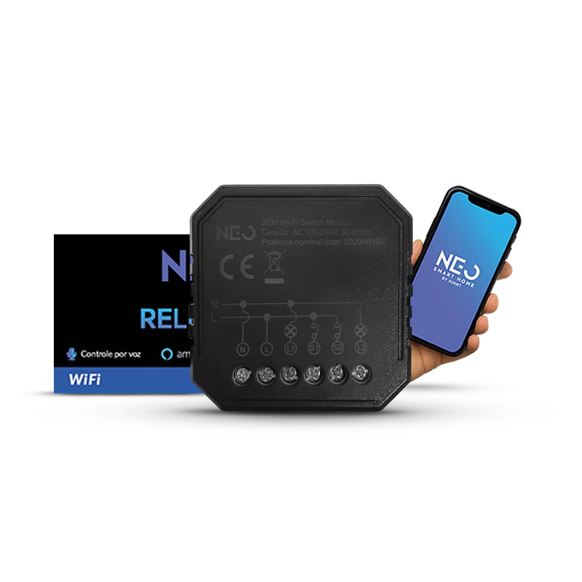 Mini Modulo de Interruptor, Cortina ou Persiana Rele Inteligente Wi-fi ou Zigbee de 1, 2,3 ou 4 Canais Bivolt Neo Avant (2 Canais, WI-FI)