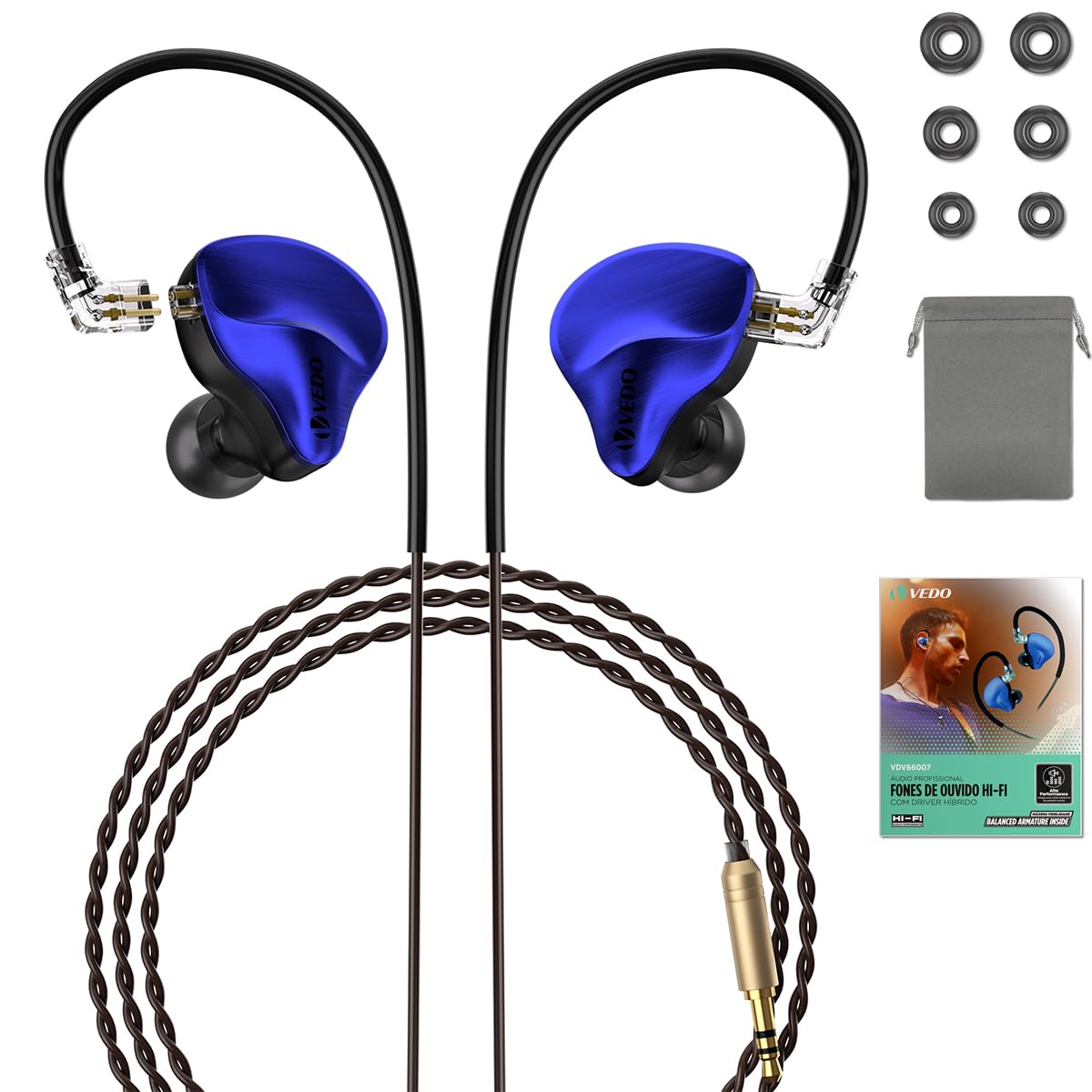 Fone de Ouvido In-Ear VEDO Hi-Fi, Dinâmico + Ferro Knowles, Profissional Intra-auricular Monitor de Áudio,Cabo Removível 2 Pinos 3.5mm, Azul para Música Esportes Games