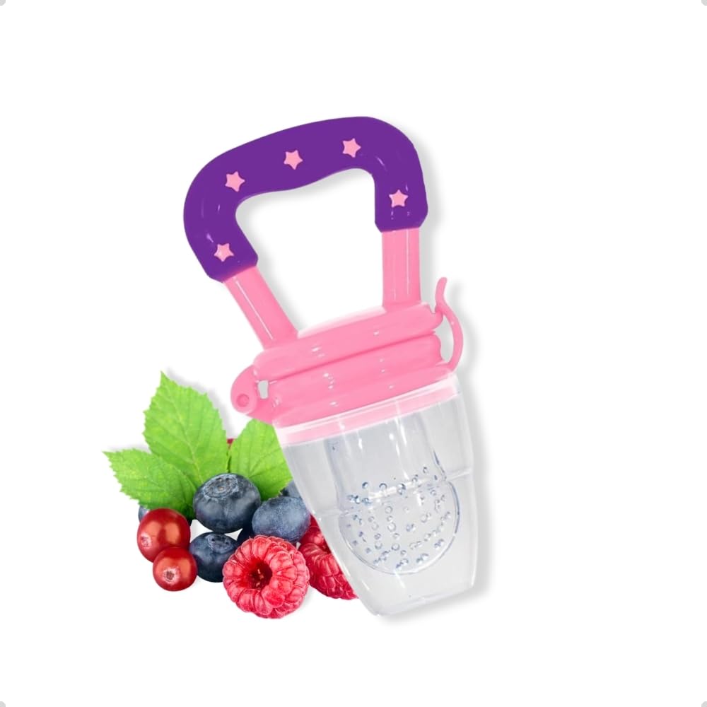 Mordedor Alimentador de Frutas para Bebê, Chupeta Silicone Transparente com Alça em Arco, Sistema de Trava Seguro (Rosa)