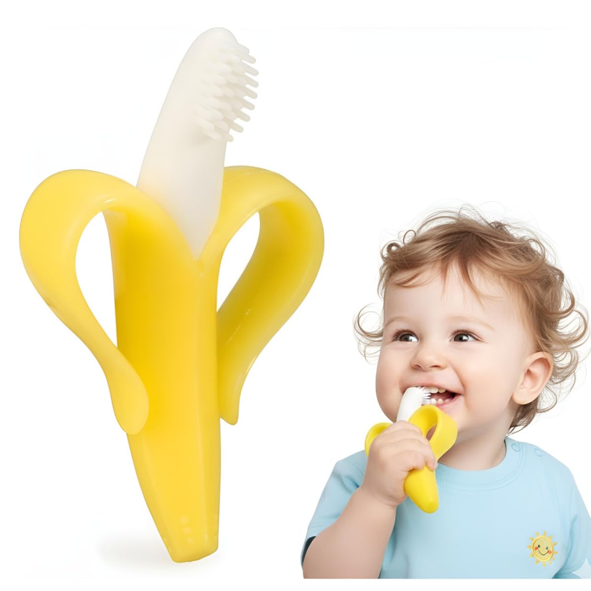 Bananinha Mordedor e Escova de Dentes 2 em 1 para Bebês de Silicone Macio Alívio da Dentição e Higiene Bucal Livre de BPA