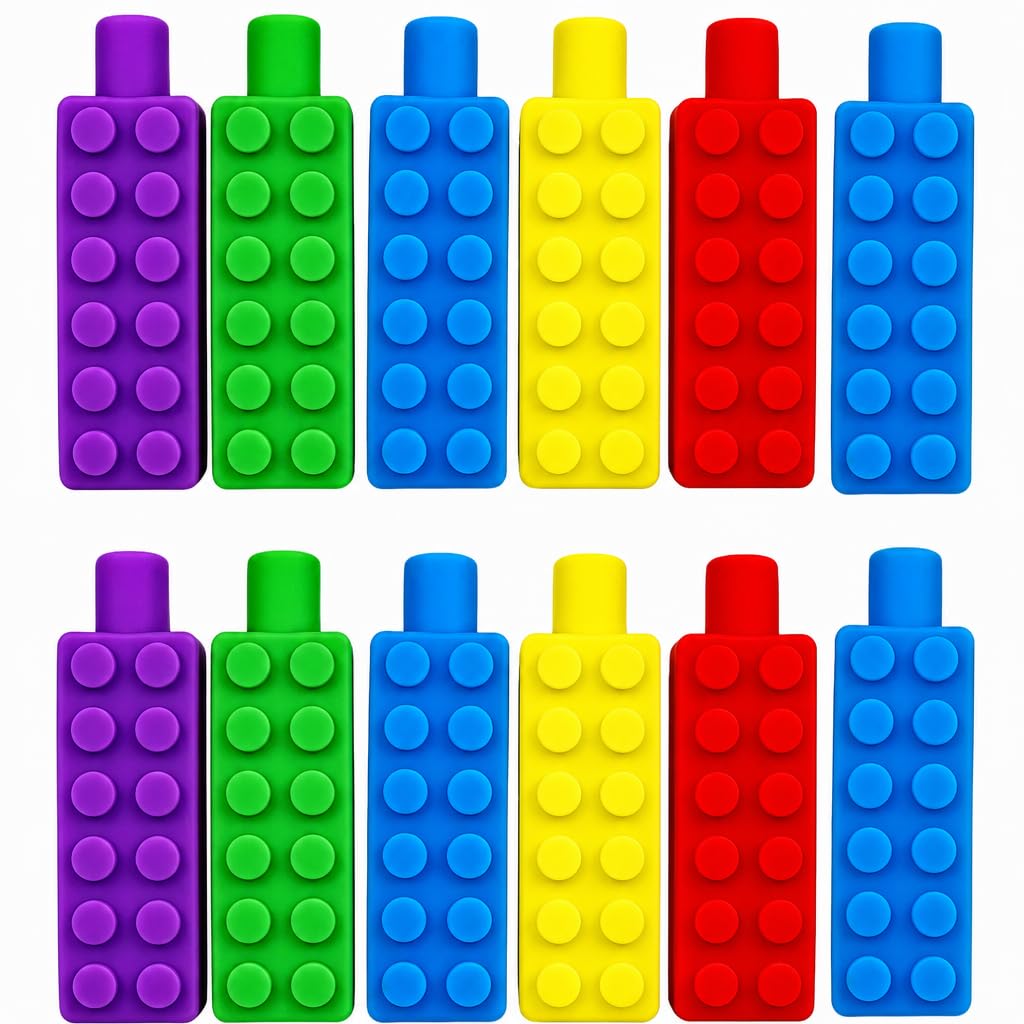 kit 6 Unidades Ponteira Mordedor Sensorial de Silicone para Lápis ou Caneta Formato Bloco Textura Tátil Autismo Anti Estresse Ansiedade (6)