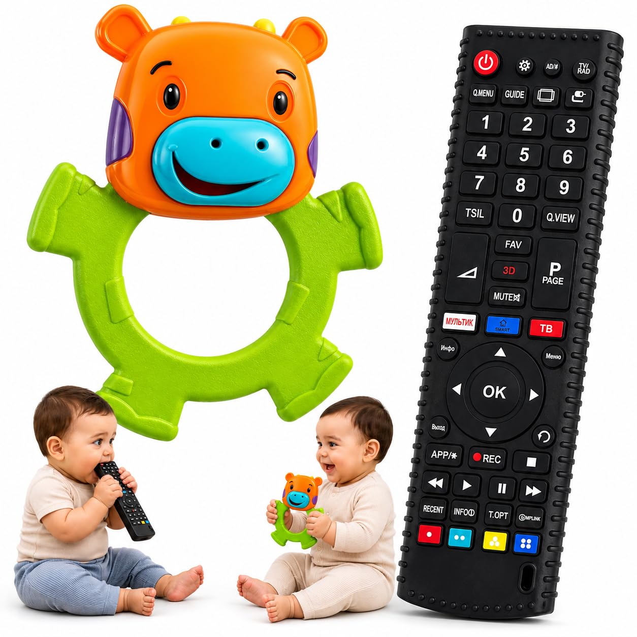 Kit Mordedor Bebê Controle Remoto de Silicone e Chocalho Sensorial (2 Unidades) - Brinquedo Educativo para Alívio da Dentição e Coceira na Gengiva, Texturas Macias, Totalmente Livre de BPA, 3 Meses+ (Verde)