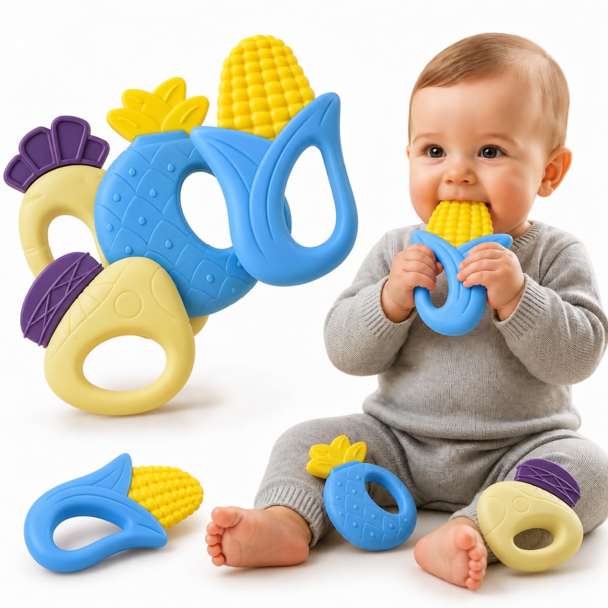 Kit Brinquedos de Bebê 4 Peças: Chocalho e Mordedor Sensorial de Silicone Livre de BPA, Alívio Imediato para Dentição Texturas para Massagem na Gengiva Mordedor de Bebê em Silicone Macio (Azul e Bege)