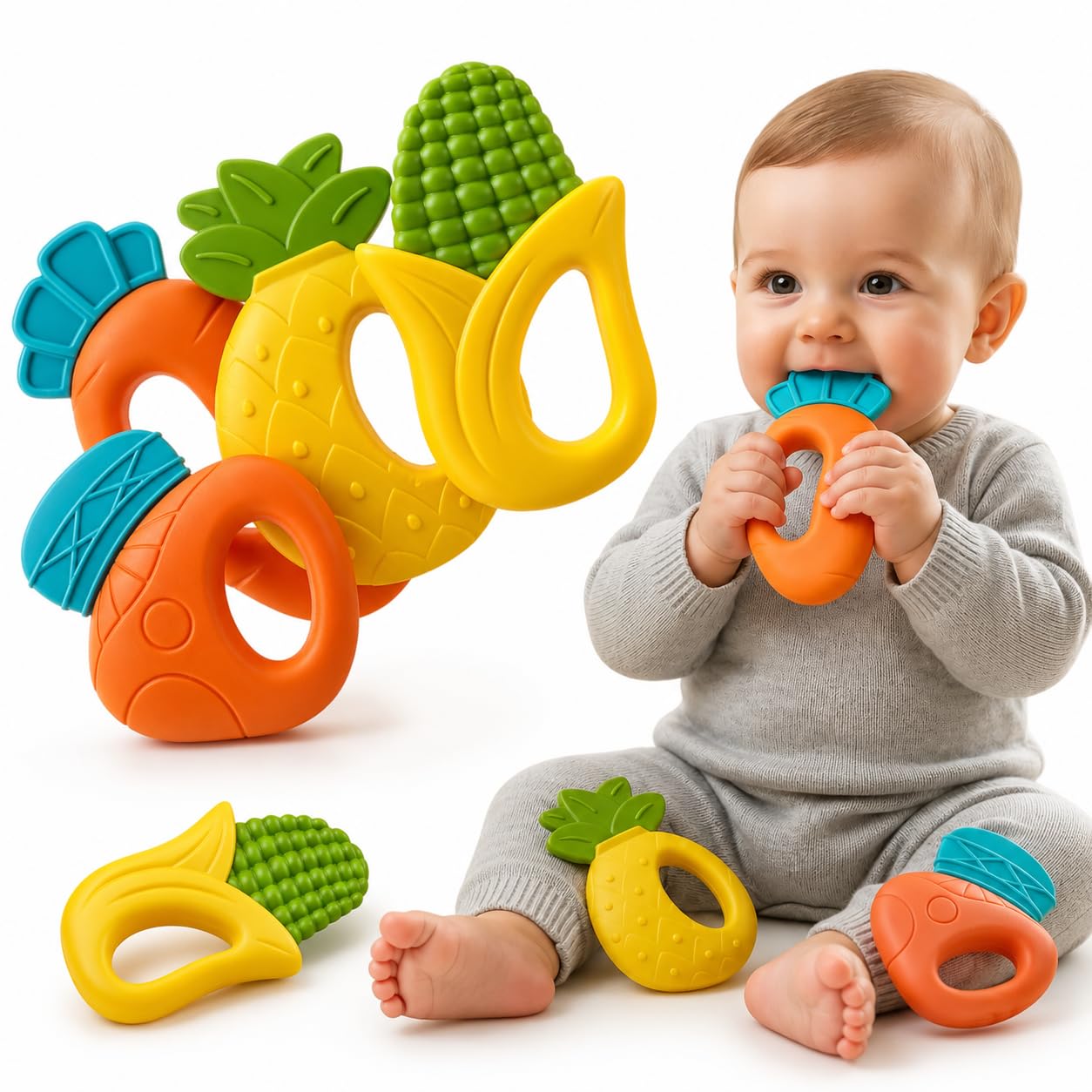 Kit Brinquedos de Bebê 4 Peças: Chocalho e Mordedor Sensorial de Silicone Livre de BPA, Alívio Imediato para Dentição Texturas para Massagem na Gengiva Mordedor de Bebê em Silicone Macio (Laranja e Amarelo)