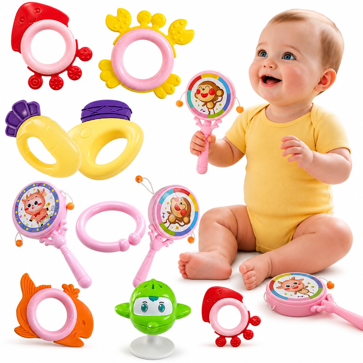 Brinquedos para Bebê Kit 8 UNIDADES - Mordedor e Chocalho PREMIUM Sensorial Anti-Stress, Alívio da Dentição Texturas para Massagem na Gengiva Educativos Interativos Desenvolvimento Motor Visual e Auditivo Silicone Macio Seguro e Sem BPA