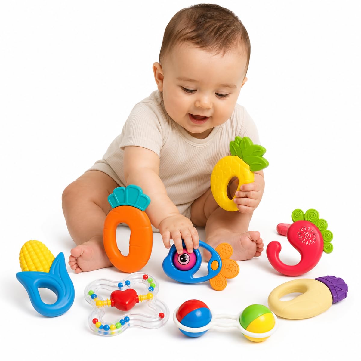 Brinquedos para Bebê Kit 8 UNIDADES - Mordedor e Chocalho PREMIUM Sensorial Anti-Stress, Alívio da Dentição Educativos Interativos Desenvolvimento Motor Visual e Auditivo Silicone Macio Seguro e Sem BPA