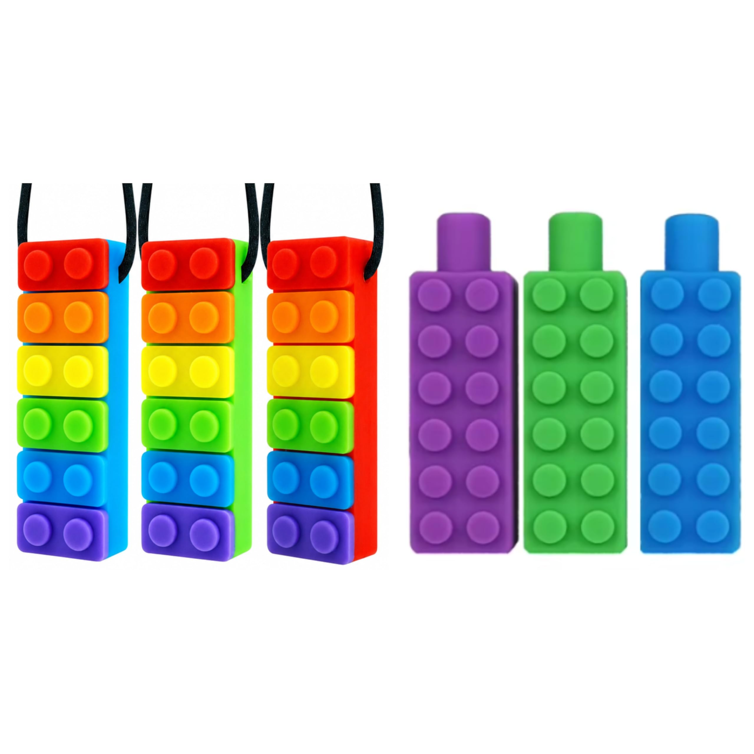 Kit 6 Mordedores Sensoriais de Silicone Bloco de Montar, com 3 Colares e 3 Ponteiras para Lápis, para Mastigação Sensorial, Autismo e TDAH