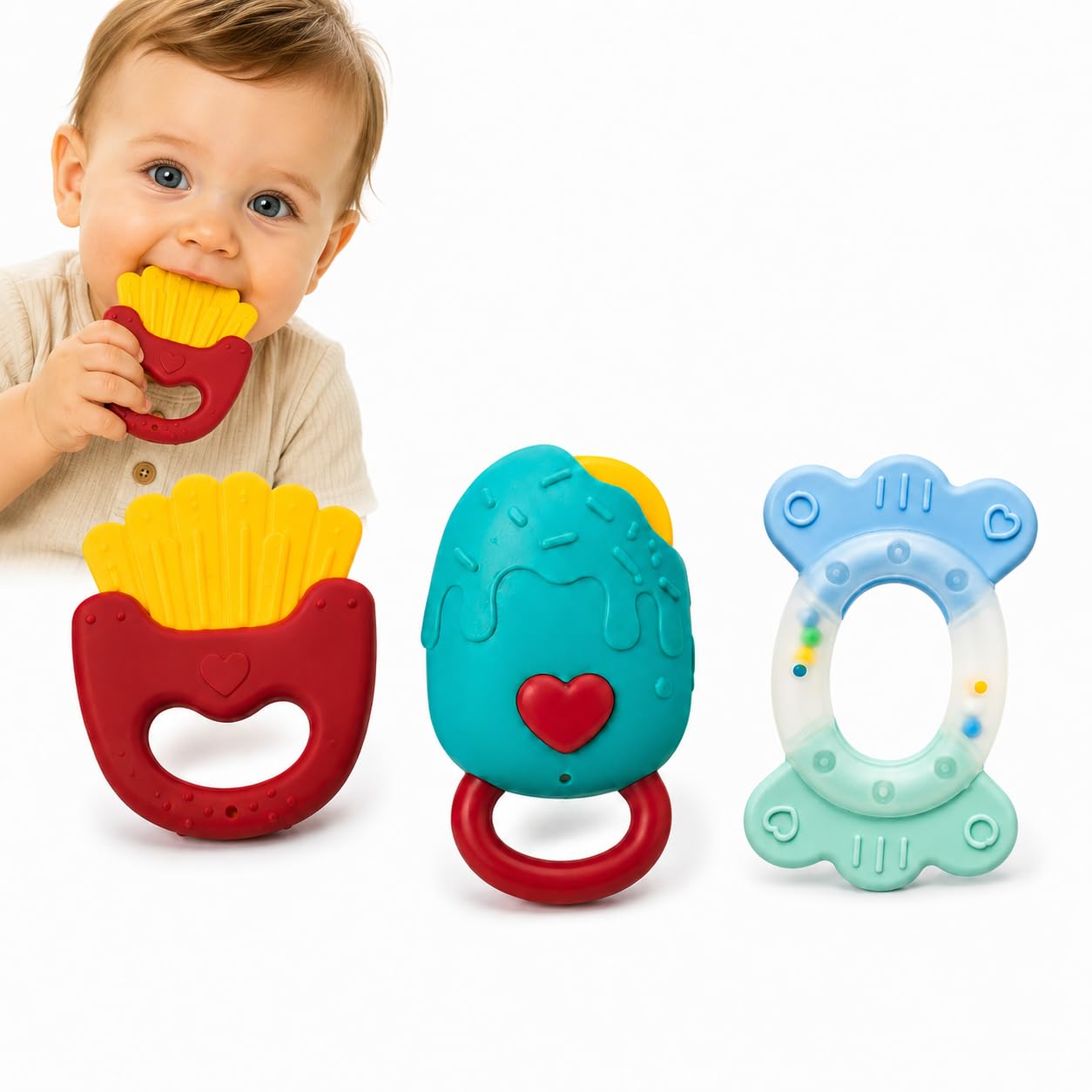 Kit 3 Mordedores Premium com Chocalho para Bebê Silicone BPA Free Sensorial Macio Para Dentição
