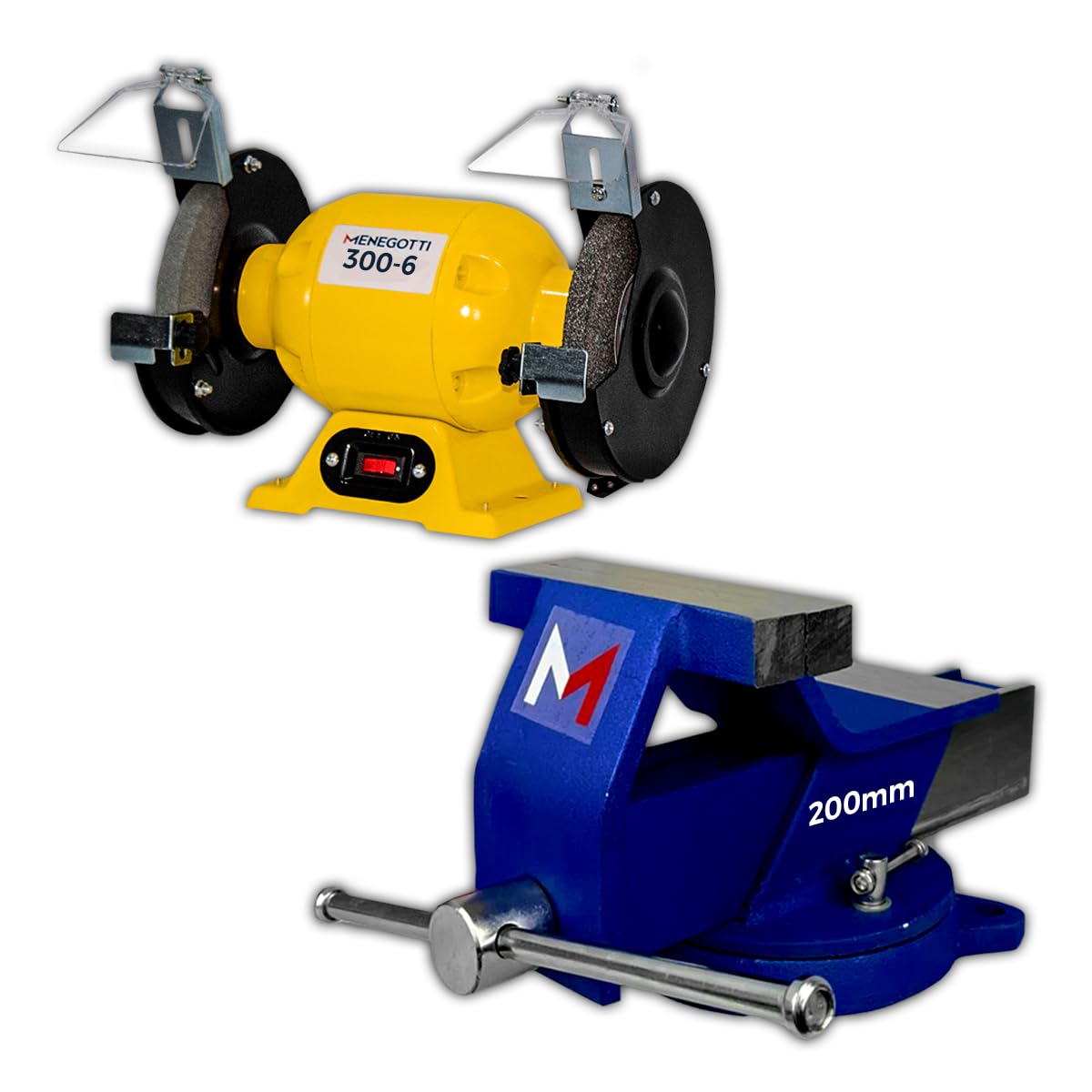 Menegotti Morsa Nº 8 Sem Mordente + Motoesmeril - 300W com Base Giratória Reforçada | para Bancada de Aço, Oficina e Afiar Ferramentas Semiprofissional e Profissional Kit