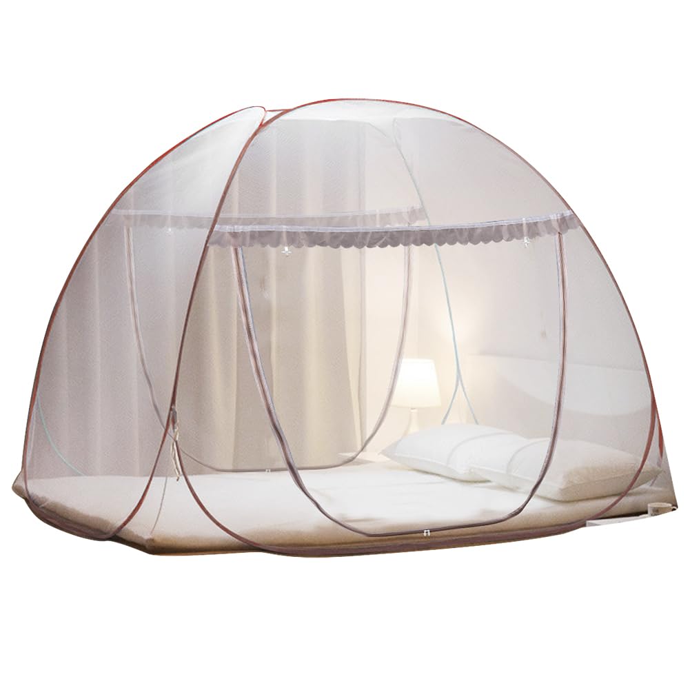 Mosquiteiro pop-up portátil para camas, 200 x 180 x 150 cm, grande, design dobrável com base telada, 2 entradas, serve para camas de solteiro a king, cor marrom