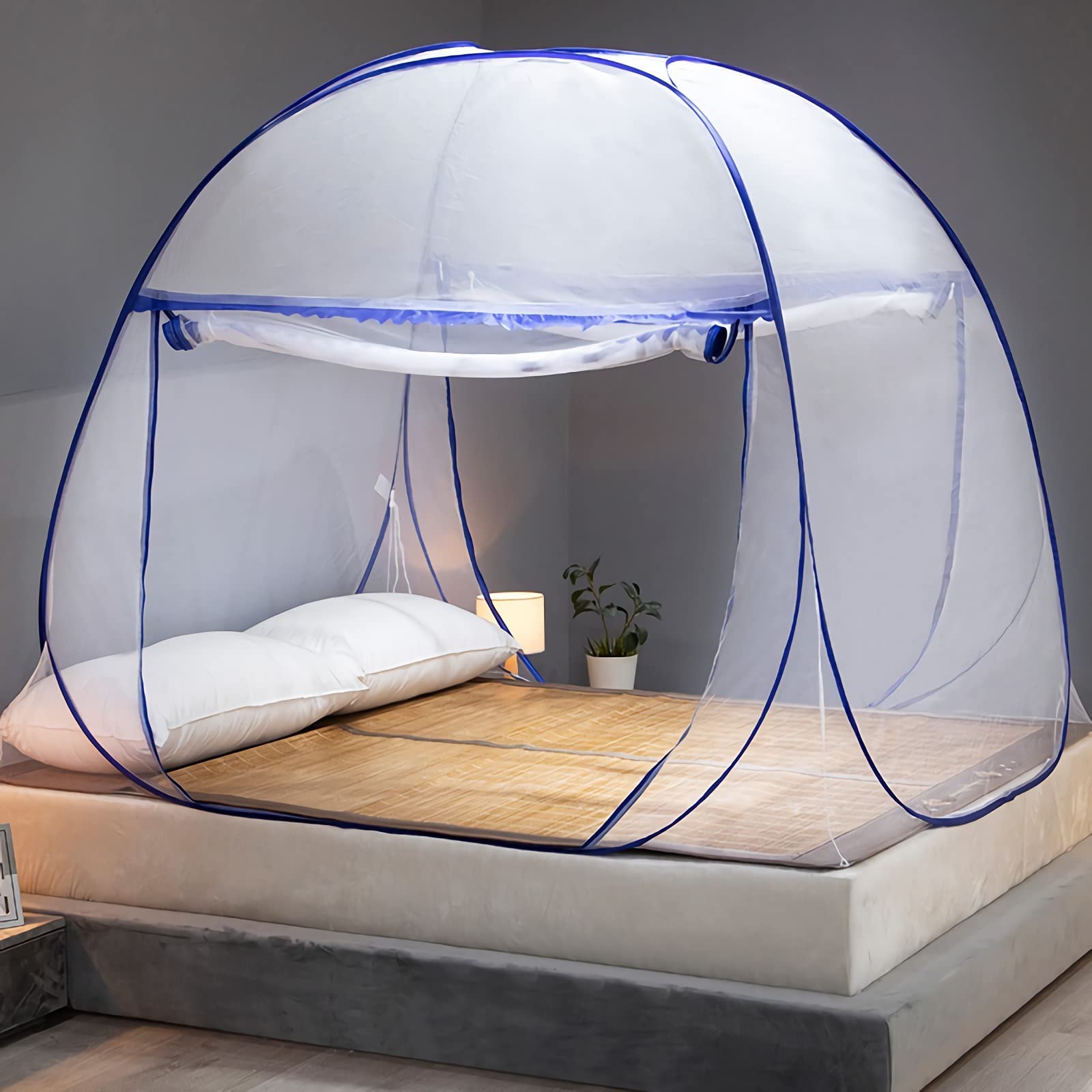 Mosquiteiro para cama, tamanho dobrado, 30,5 cm, rede mosquiteira portátil para acampamento, viagem, barraca pop-up com entrada dupla para cama king size (azul, 180 x 200 x 149 cm)