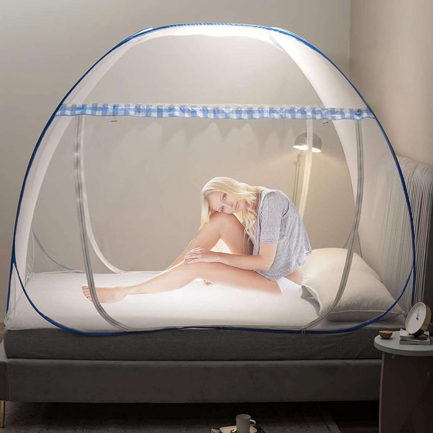 Mosquiteiro para Cama de Casal, Mosquiteiro, Azul Cama Casal, 180 * 200 * 150 cm, Dobrável Mosquiteiro, Mosquiteiro com Zíper de Duas Vias Adequado para Camas de 1,8 Metros, Sem Instalação