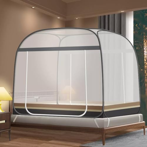 Rede Mosquiteira Portátil Dobrável com Zíper Anti Mosquito para Cama Casal Queen 2m x 1,5m Tenda de Proteção Respirável(Cinza-Duas portas,1.8 * 2M)