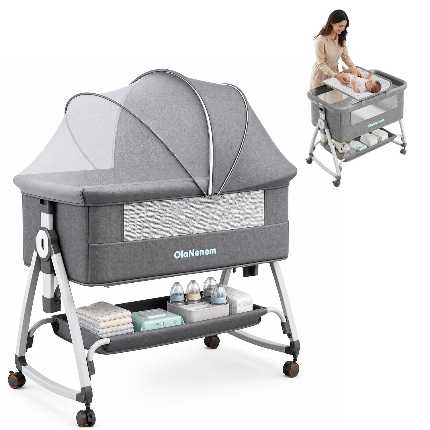 6 em 1 Berço Portátil, Berço Moisés com Fraldário e Mosquiteiro, Berço Acoplado à Cama com Suporte Triangular de Aço Carbono, 6 Alturas e Inclinação Antirrefluxo 5°(Cinza)