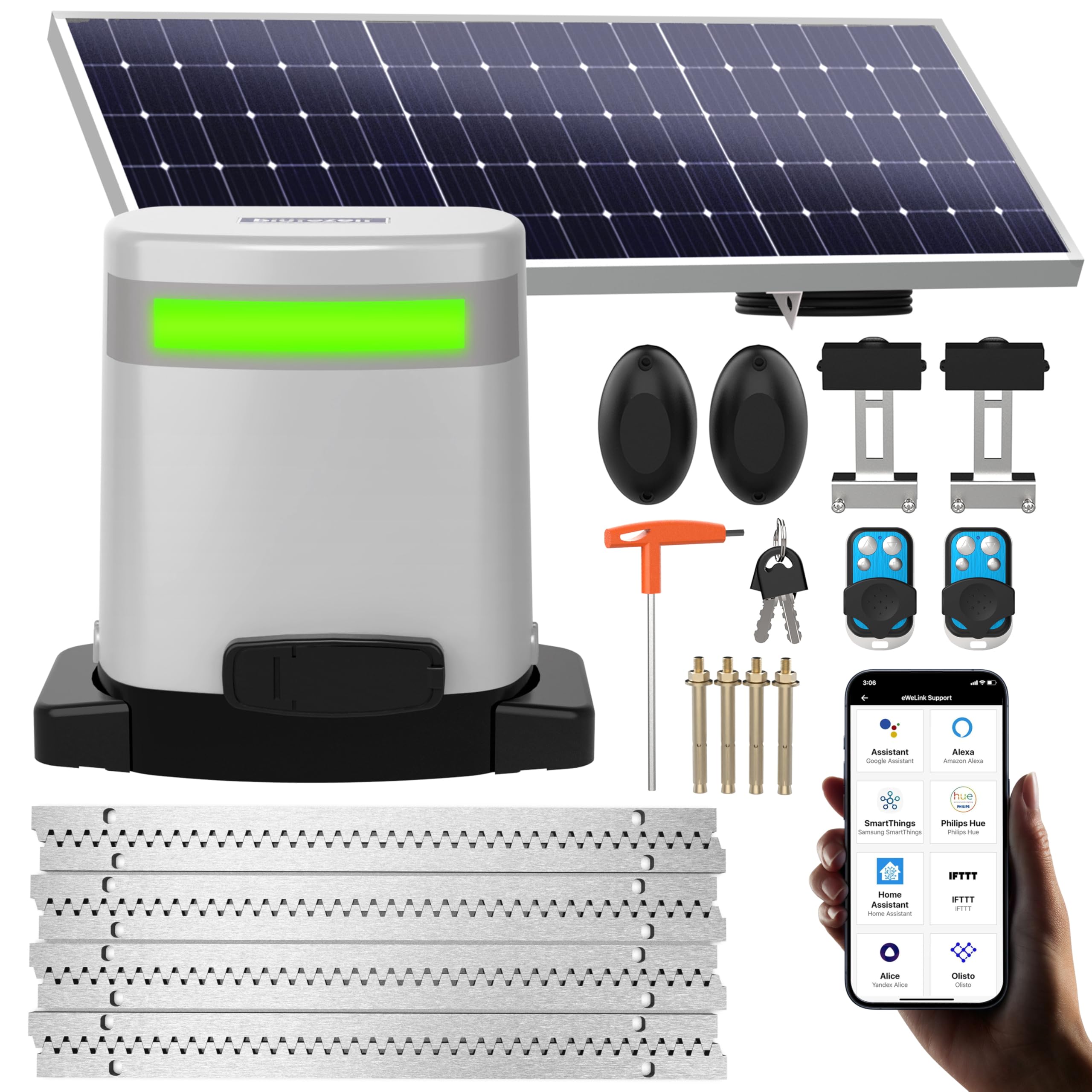 Blütezeit Abridor de portão deslizante de 635 kg, energia solar | Controle WiFi | Bateria reserva integrada, motor de portão deslizante automático acionado por rack com kits completos remotos (painel