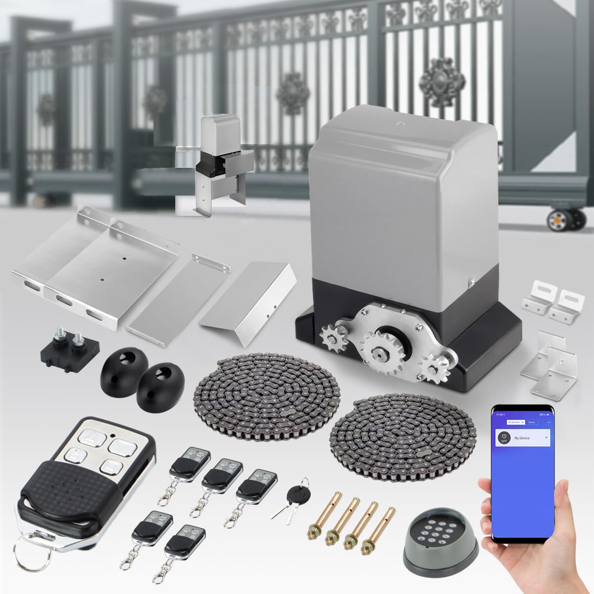 Kit completo de controle de aplicativo de abridor de portão deslizante automático de 1,496 kg, motor de operador de portão deslizante de entrada de garagem com teclado/6 controles remotos