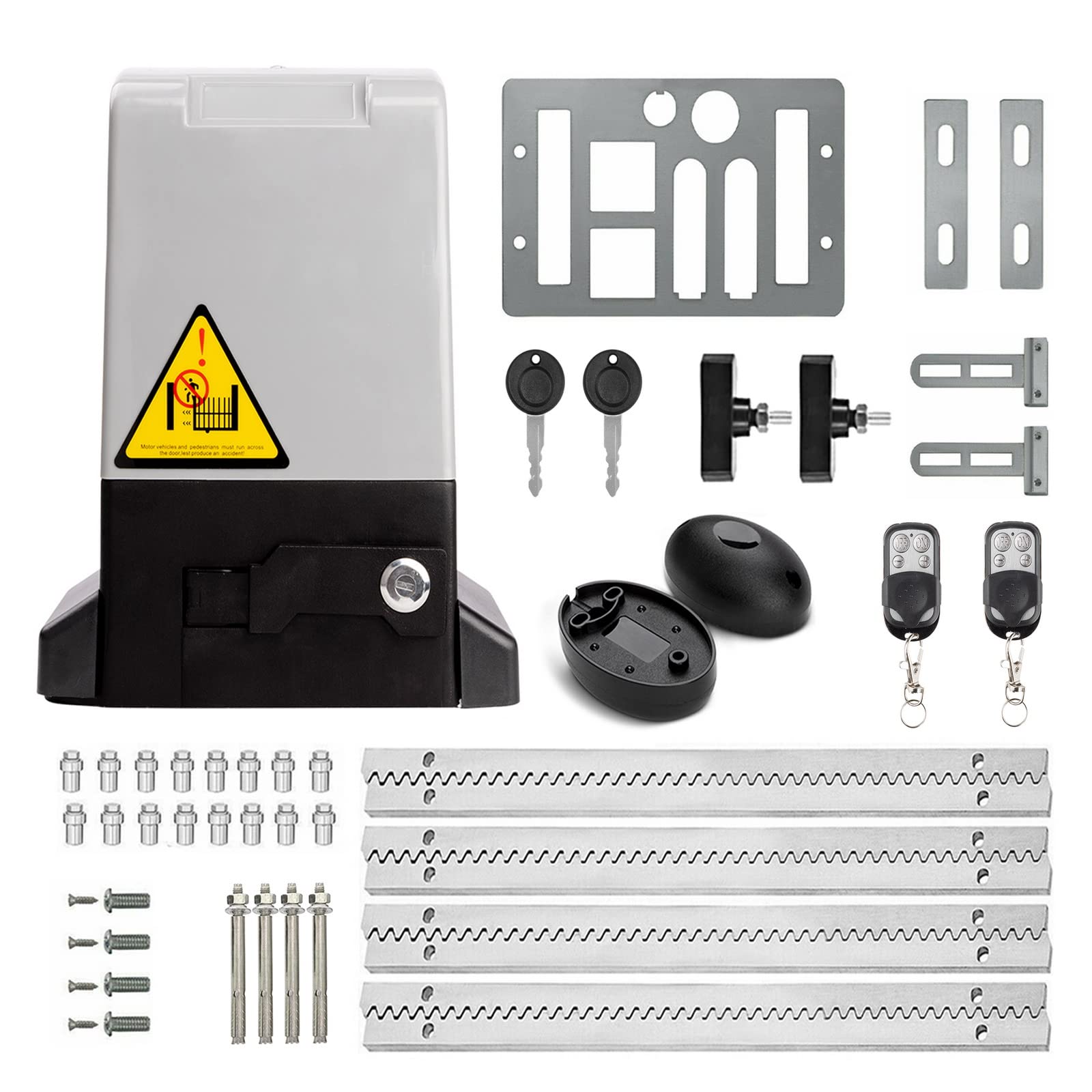 Blütezeit Abridor de portão deslizante automático 2,404 kg acionado em rack 1,6HP com 2 controles remotos sensor infravermelho, motor elétrico de portão deslizante de entrada de automóveis, kit de