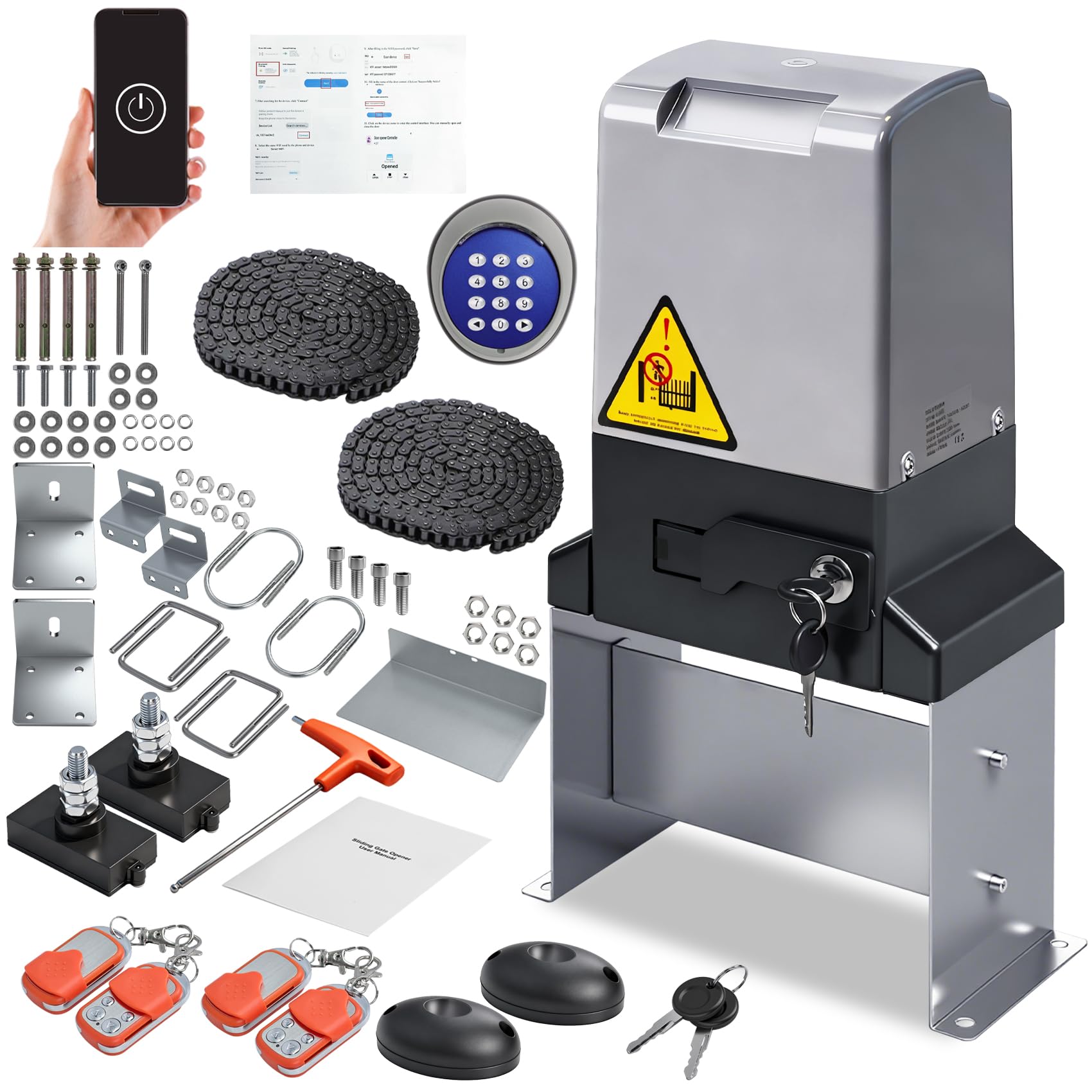Abridor de portão deslizante automático de 1,995 kg com controle de aplicativo e 4 controles remotos, kit de motor de portão deslizante elétrico resistente de 750 W com teclado sem fio para abridor de