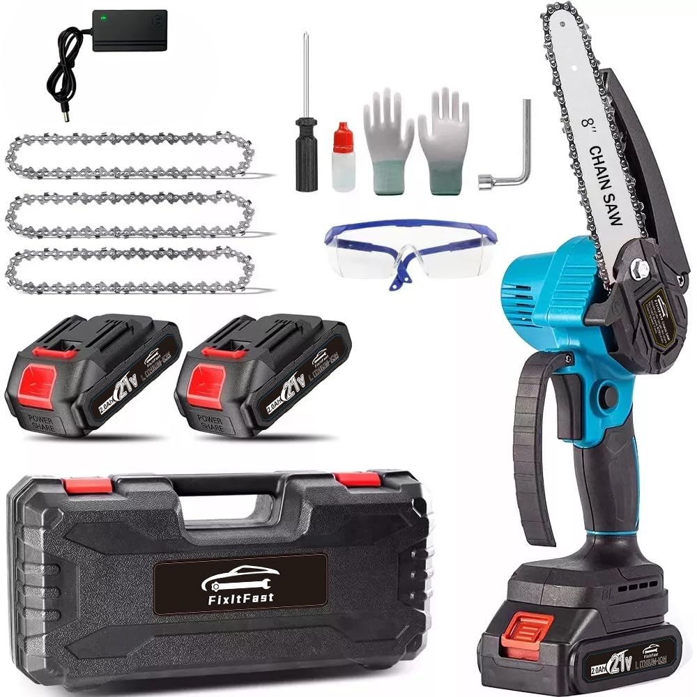FINYQBET Mini Sem Fio Motosserra de Mão de 8 Polegadas,com 2 Baterias 21V, motosserra portátil com motor sem escova, Ideal para Poda de Árvores, Jardinagem e Trabalhos em Fazendas (100-240V)