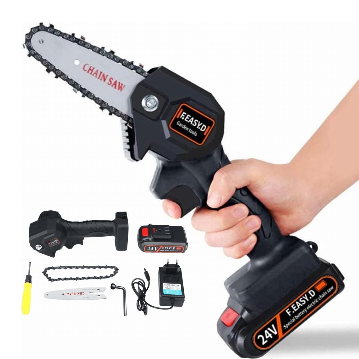 Mini Moto Serra Motosserra a Bateria Elétrica Portátil 600w 24v Carregador Bivolt Recarregável para Galhos Bambu e Madeira Sabre de 10cm 2000mah -CLICK FACIL - Serra Portátil