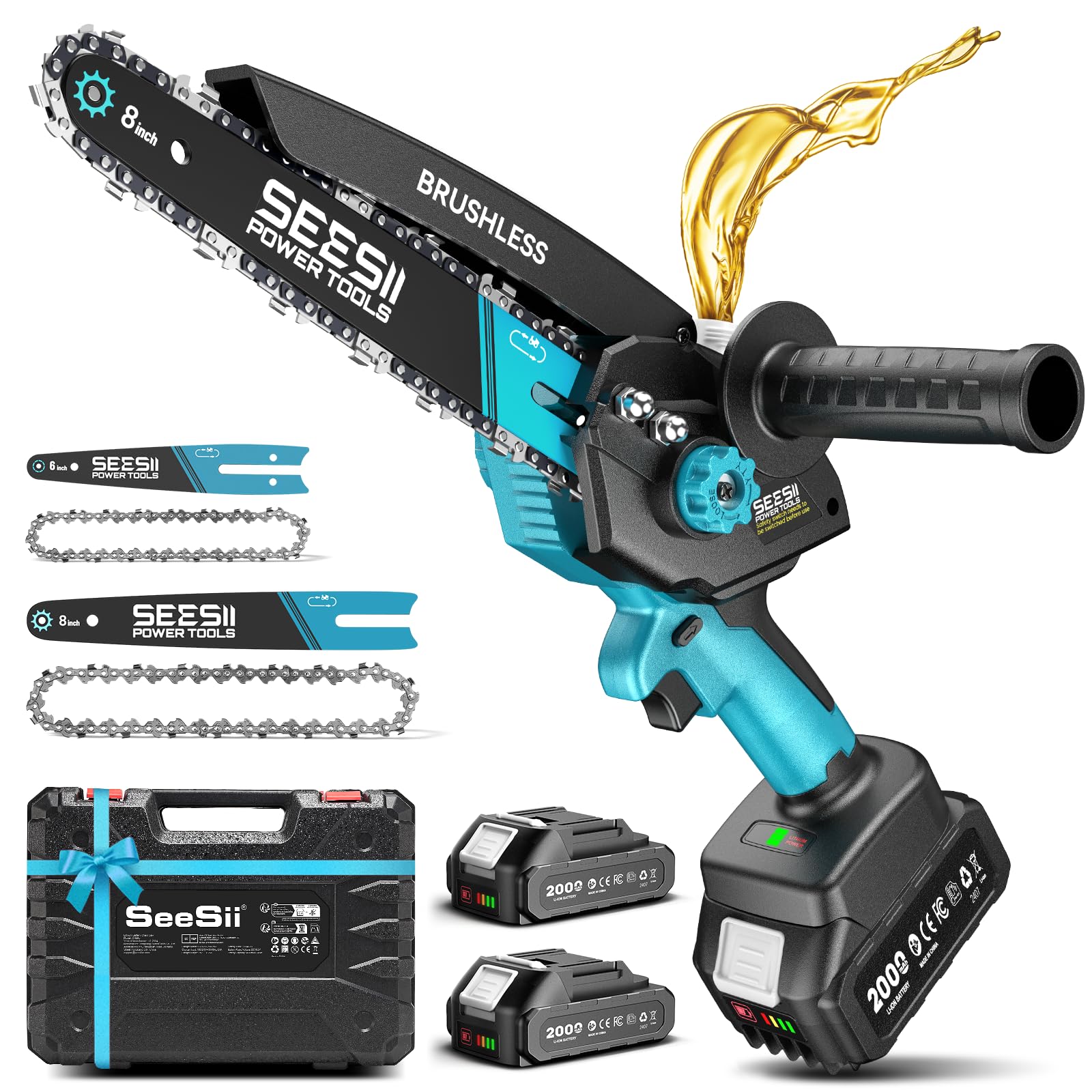 SEESII Mini motosserra elétrica sem fio, 20 cm e 15 cm com 2 baterias e lubrificante automático, motosserra portátil sem escova de 1000 W para corte de madeira de galho de árvore, ferramentas de