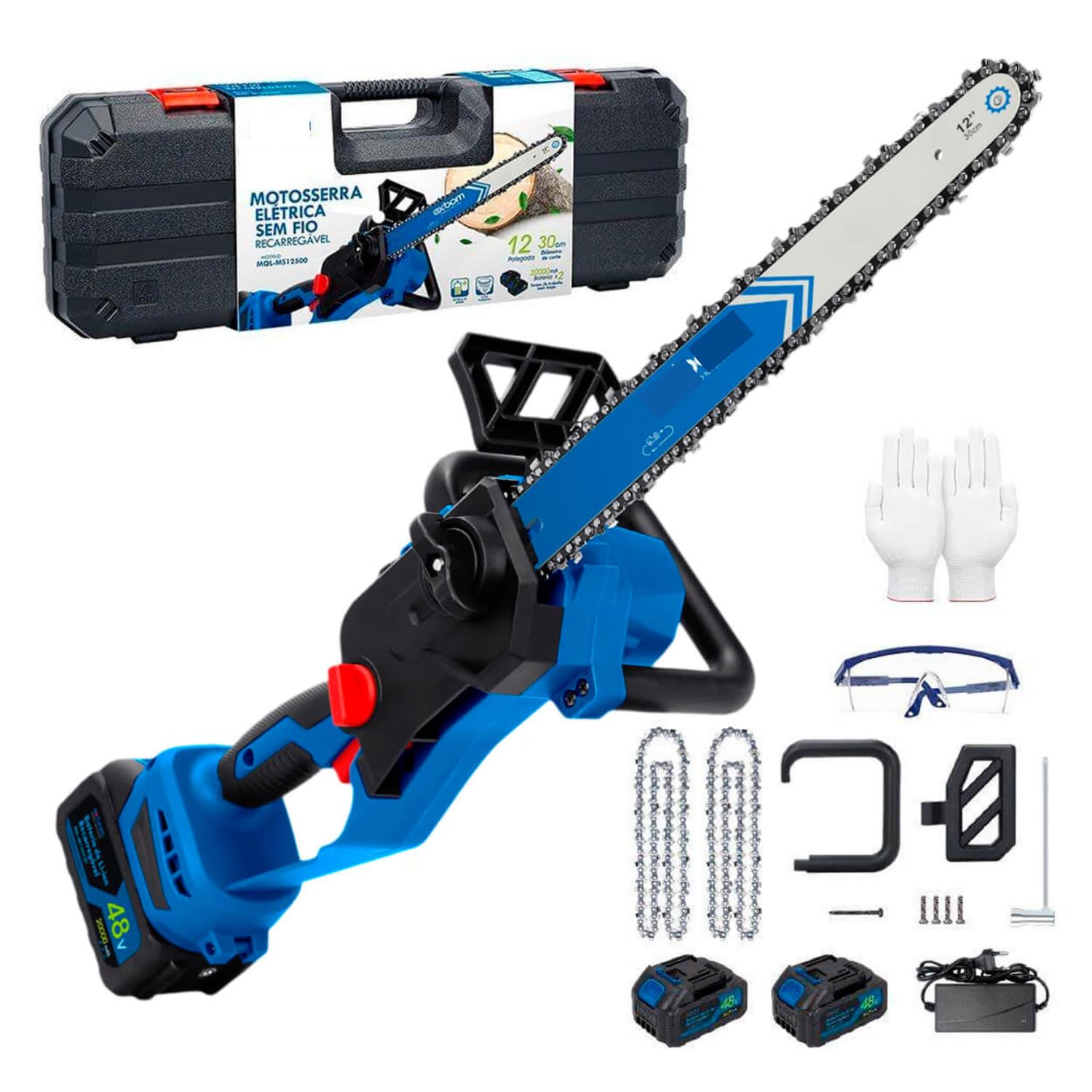 Motosserra Elétrica Portátil 12 Polegadas Brushless com Bateria 48V Lubrificação Automática e Freio de Segurança