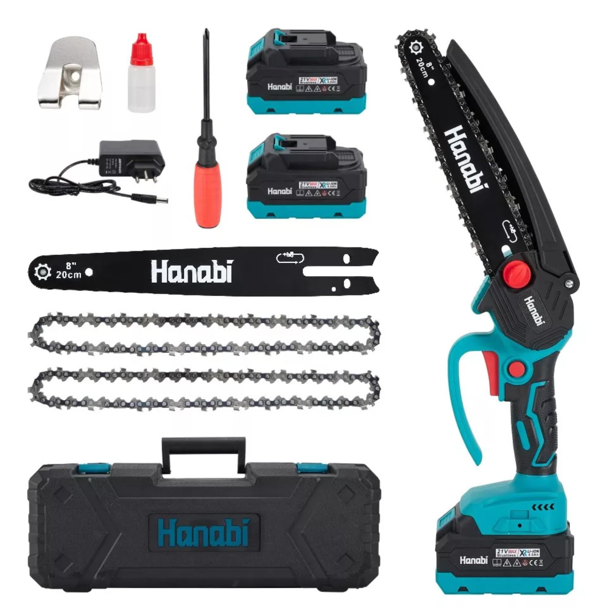 Hanabi Motosserra Elétrica a Bateria Profissional 8 Polegadas 21V Brushless | 21V 4,0Ah com 2 Baterias,2400RPM Cortes de Madeira e Podas
