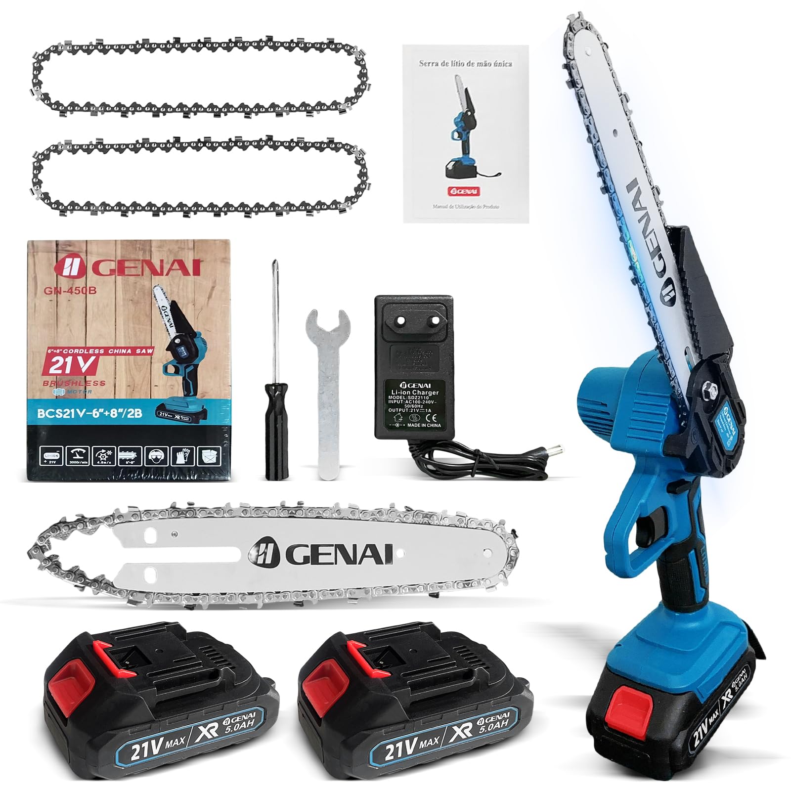 Motosserra sem Fio 21V, 2 em 1 com Lâminas de 6 e 8 Polegadas, Motor Brushless, 2 Baterias de Lítio 5.0Ah e Carregador, 500W, para Poda e Jardinagem