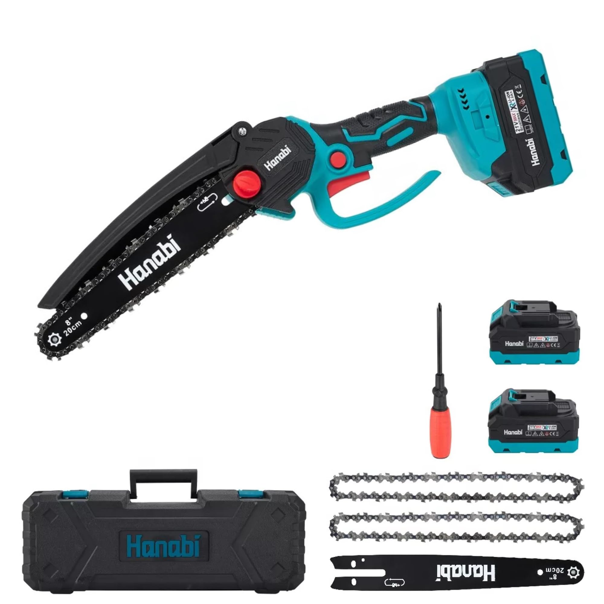 Hanabi Motosserra Portatil a Bateria 8 Polegadas 21V Brushless Portátil | Portátil Sem Fio com LED e Kit de Proteção (Óculos e Luva)