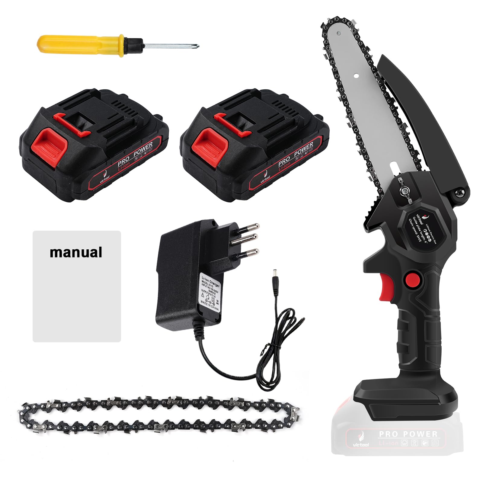 Victool Mini Motosserra Elétrica 21V Sem Fio, Motor de Cobre 20000 RPM, Espada de 6 Polegadas, Corrente Tratada, Bateria de Lítio Recarregável para Poda de Árvores e Corte de Madeira