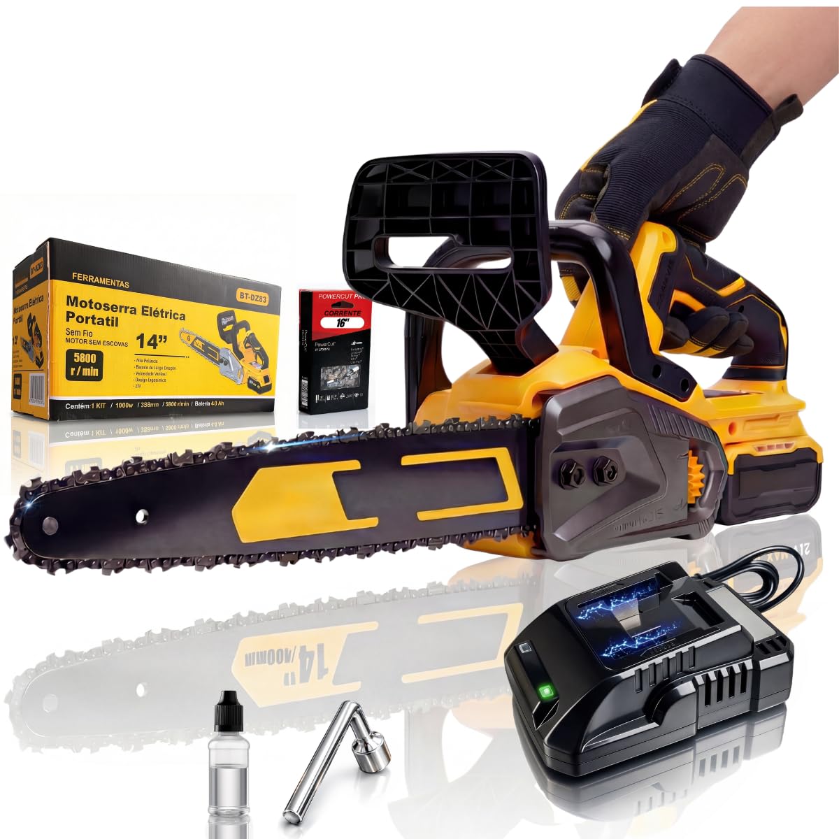 Motosserra Elétrica Sem Fio 14 Polegadas 21V Bateria 4000mAh Motor Brushless Portátil Kit Completo para Corte Madeira Poda Galhos Carpintaria Uso Doméstico Profissional