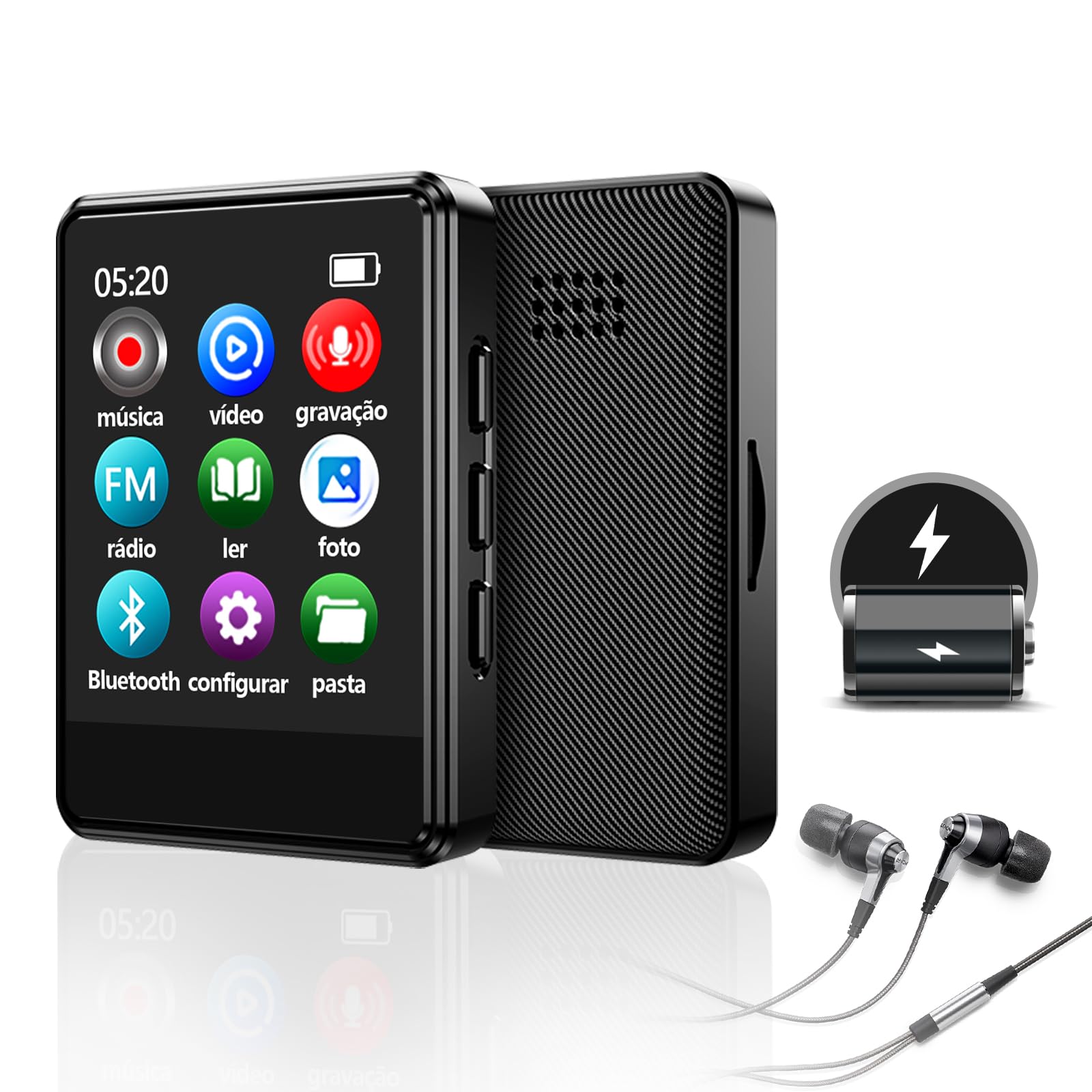 MP3 Player Bluetooth 5.2 MP3 Player Portátil Multifuncional com Tela de Toque, Alto-Falante Embutido, Rádio FM, Gravador de Voz, Suporte para Cartão TF até 128GB