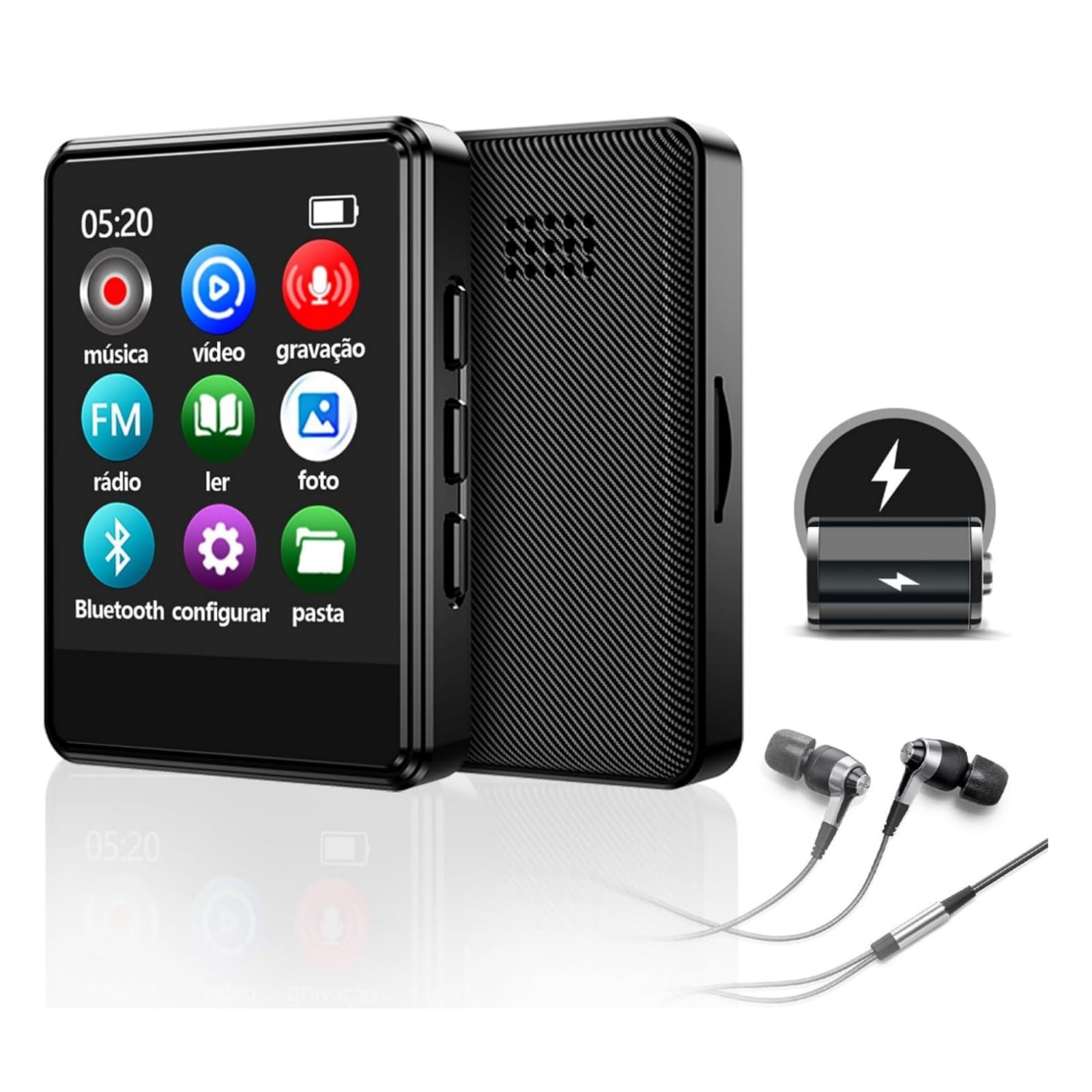MP3 Player Bluetooth 5.2 MP3 Player Portátil com 1.8 Polegadas Tela Touch, Multifuncional Leitor de Música com Rádio FM, Gravação de Voz e Reprodução de Vídeo