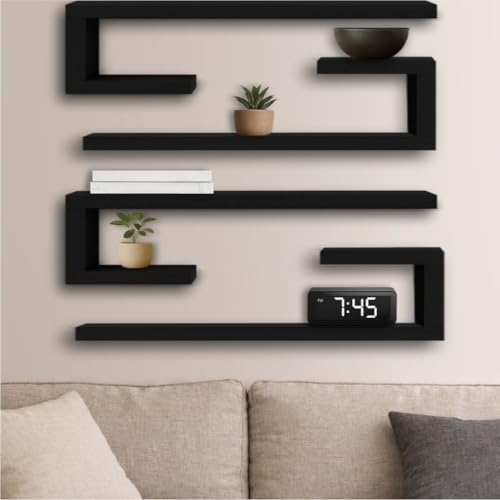 Mercado das Prateleiras Kit de Nichos Minimalista para Sala e Escritório – Prateleira de Parede Decorativa Modelo J(4 Unidades,60x20x20 Mdf Preto)