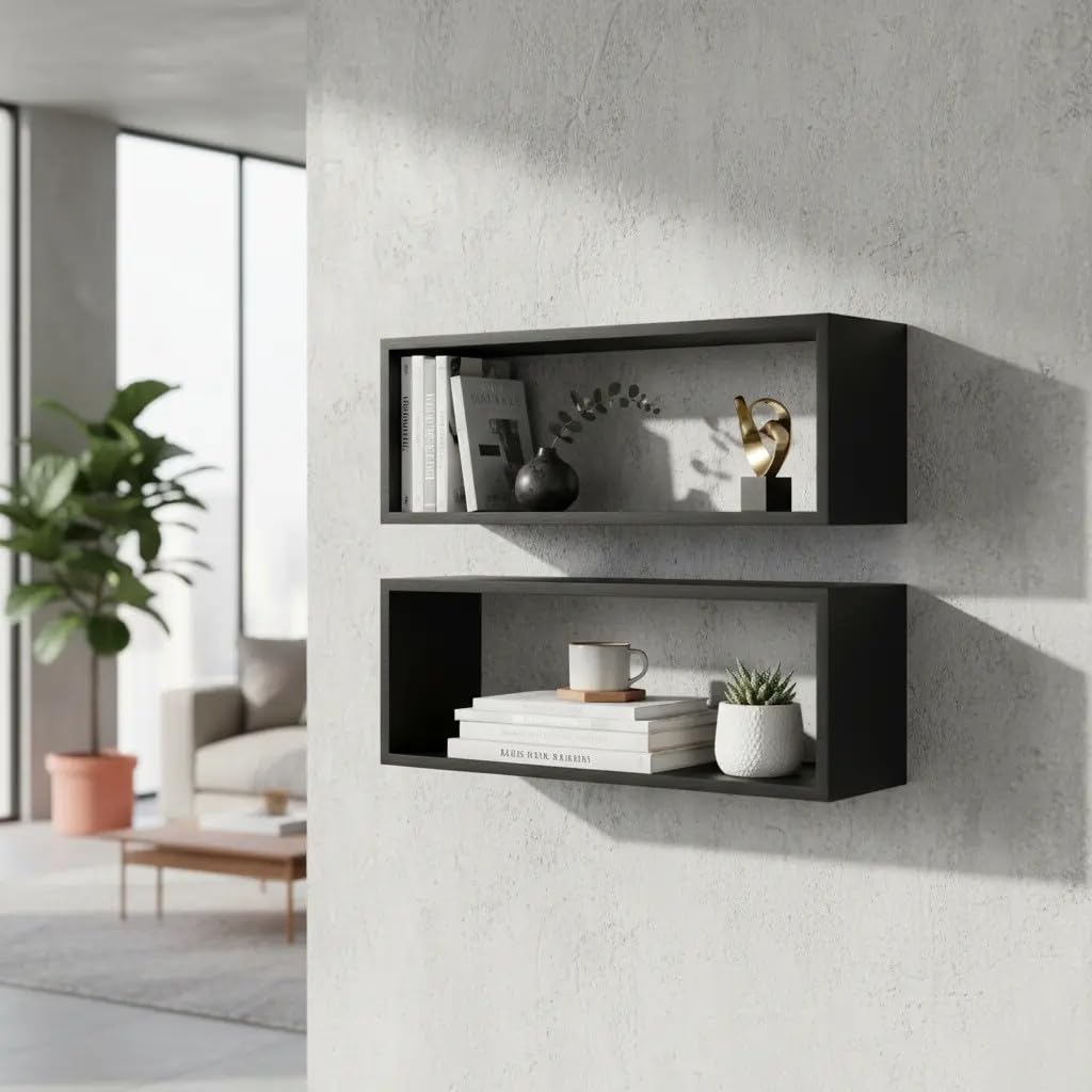 Kit 02 Nichos Retangulares MDF Preto 50x25x15 Decoração Sala Quarto Cozinha | Estilo Industrial, Acabamento Fosco, Suporta até 5 kg, Kit de Instalação Incluso, Sem Necessidade de Montagem