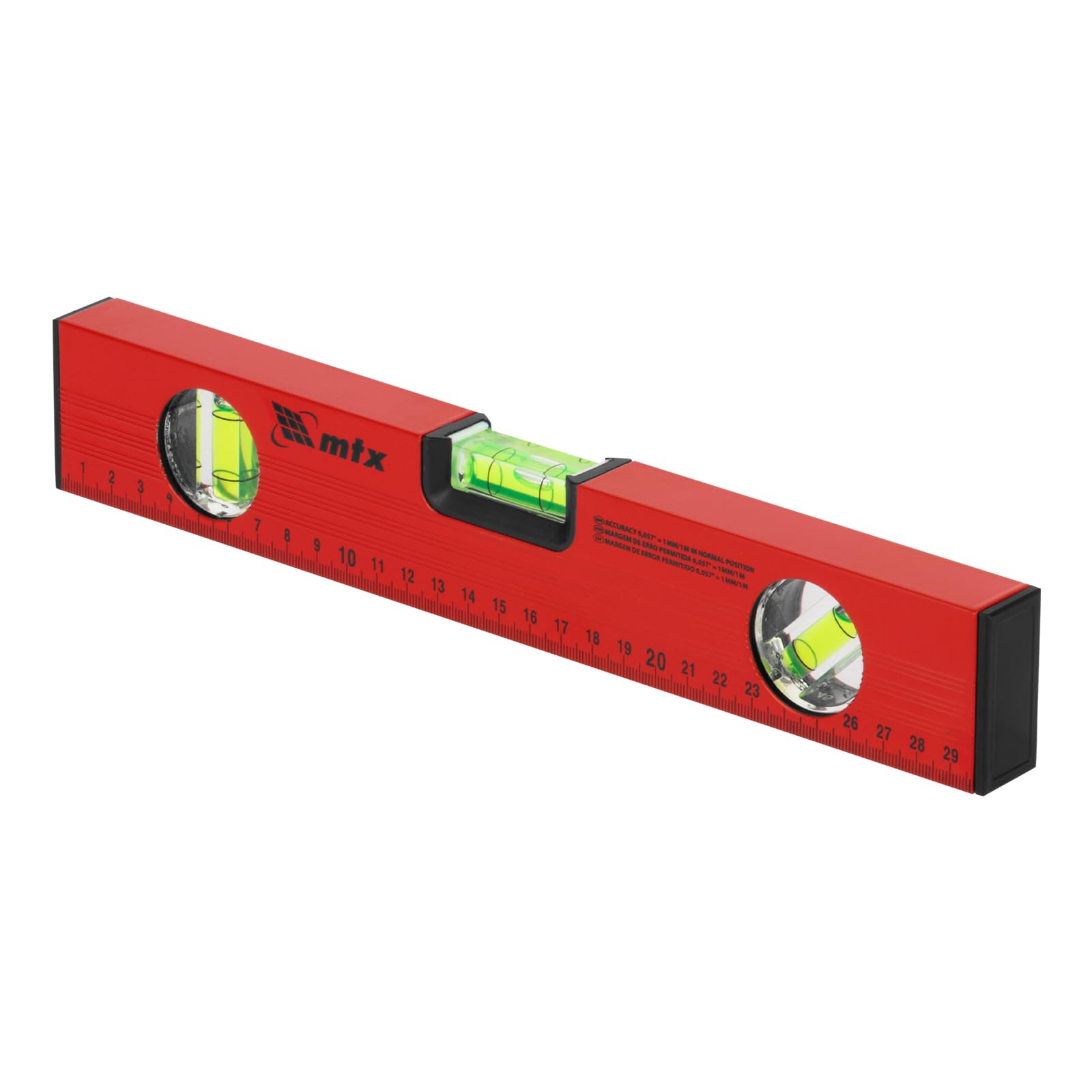 MTX Nível De Alumínio 12" (300 Mm) Com Régua – 3 Bolhas (0°, 90°, 45°), Precisão 1 Mm/M, Corpo Pintado Com Tampas Plásticas, Vermelho