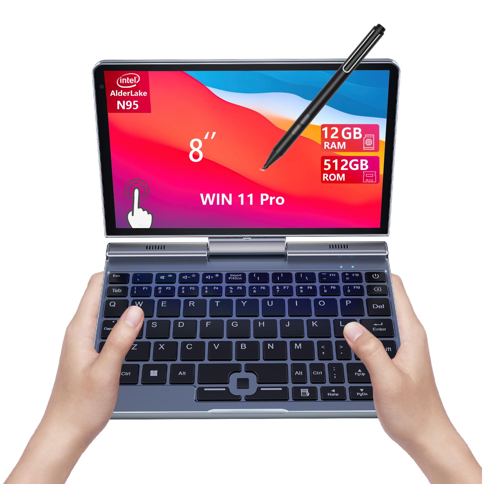 KOOFORWAY Mini Laptop 2 Em 1 De 8 Polegadas, Tela Sensível Ao Toque Hd Giratória, Suporte Para Escrita À Mão, Windows 11 Pro, Pequeno, N100, 12 GB RAM, SSD 512 GB, Wi-Fi 6, Bluetooth 5.2, Câme