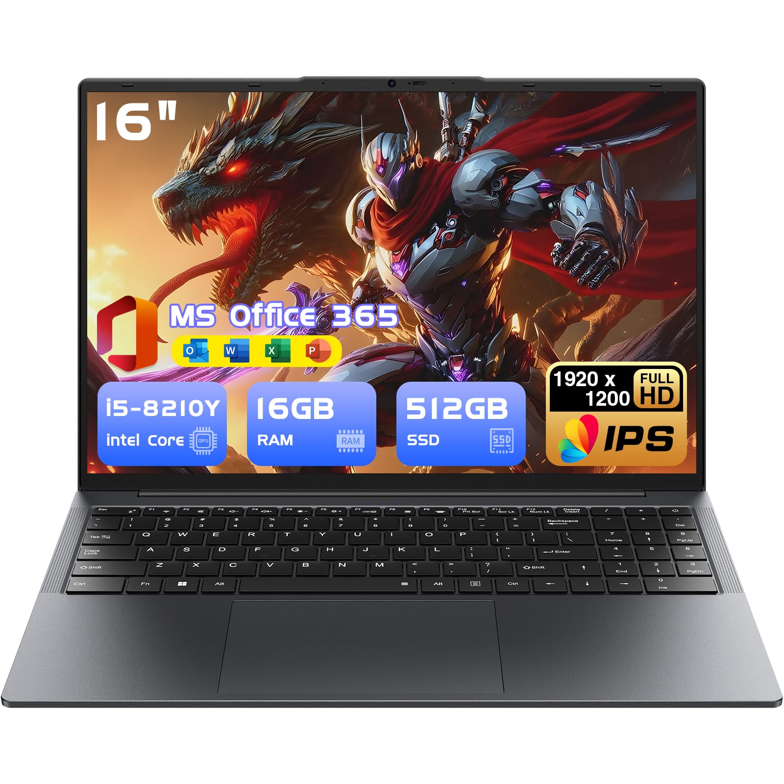 Laptop Core i5 de 16 polegadas (até 3,6 GHz), 16 GB de RAM, SSD de 512 GB, notebook Win11 Pro, MS Office 365, laptop para jogos, tela FHD 16:10 de 1920 x 1200, com Wi-Fi BT5.0, USB A, HDMI, RJ45