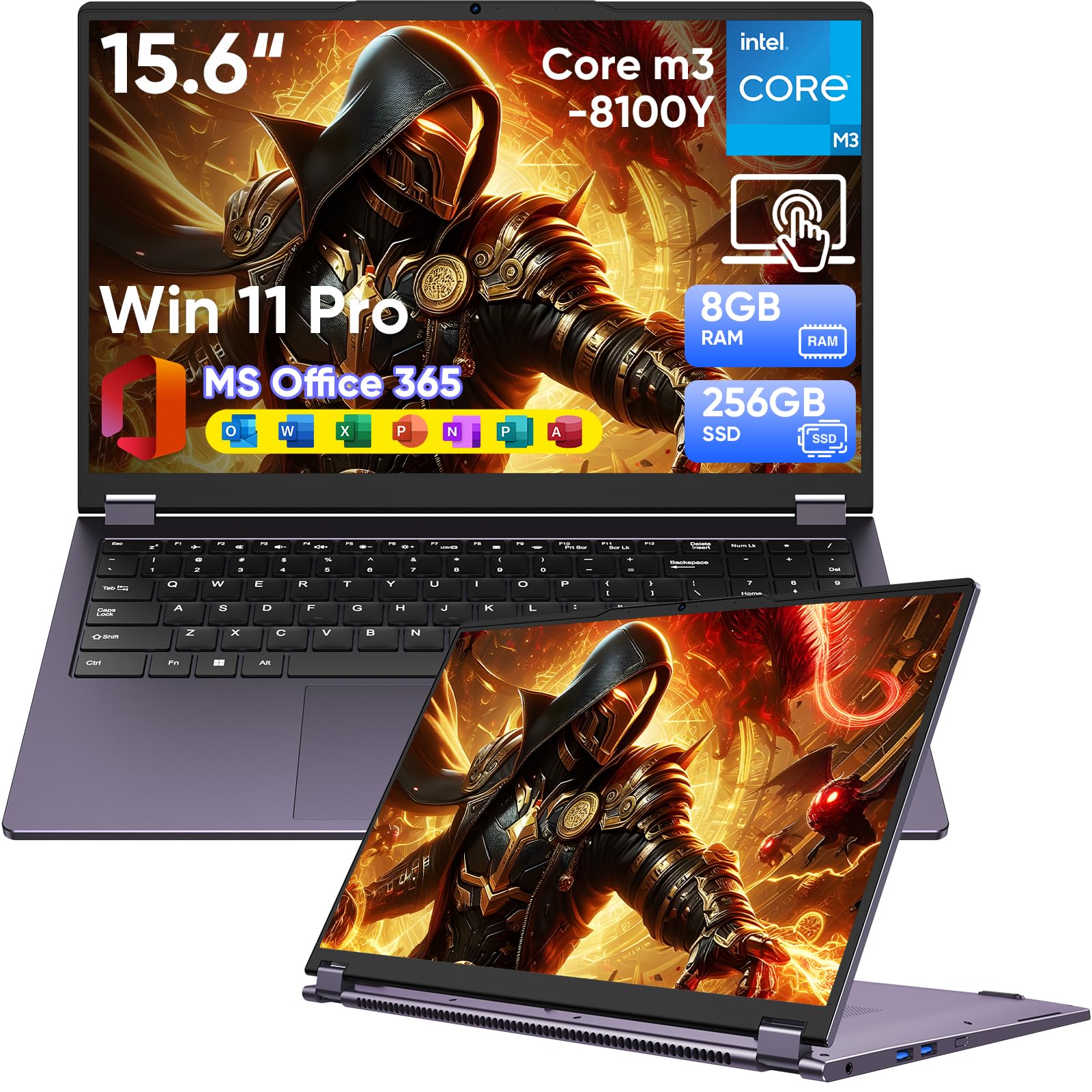 Laptop de 15,6 polegadas 2 em 1, Win 11 Pro 8 GB RAM 256 GB SSD Core m3 8100Y (até 3,40 GHz), MS Office 365 ultrafino, tela sensível ao toque FHD, Wi-Fi 5, BT5.1, RJ45, (2 em 1 8 GB RAM 256