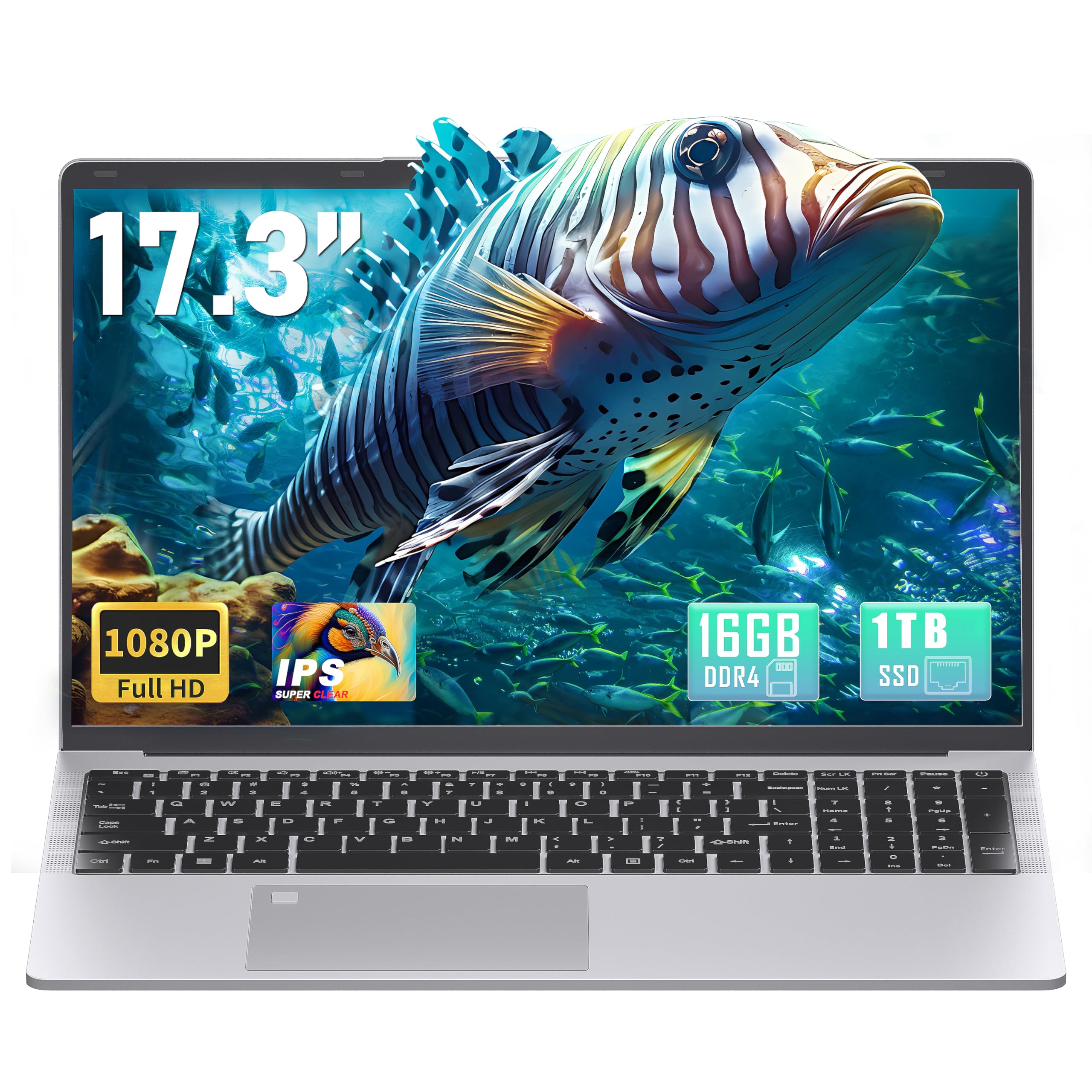 Laptop prata FHD IPS de 17,3 polegadas para negócios e estudantes | 16 GB de RAM 1 TB SSD, 6500Y até 3,4 GHz, teclado retroiluminado e teclado numérico, impressão digital, USB-C, flip de 180°