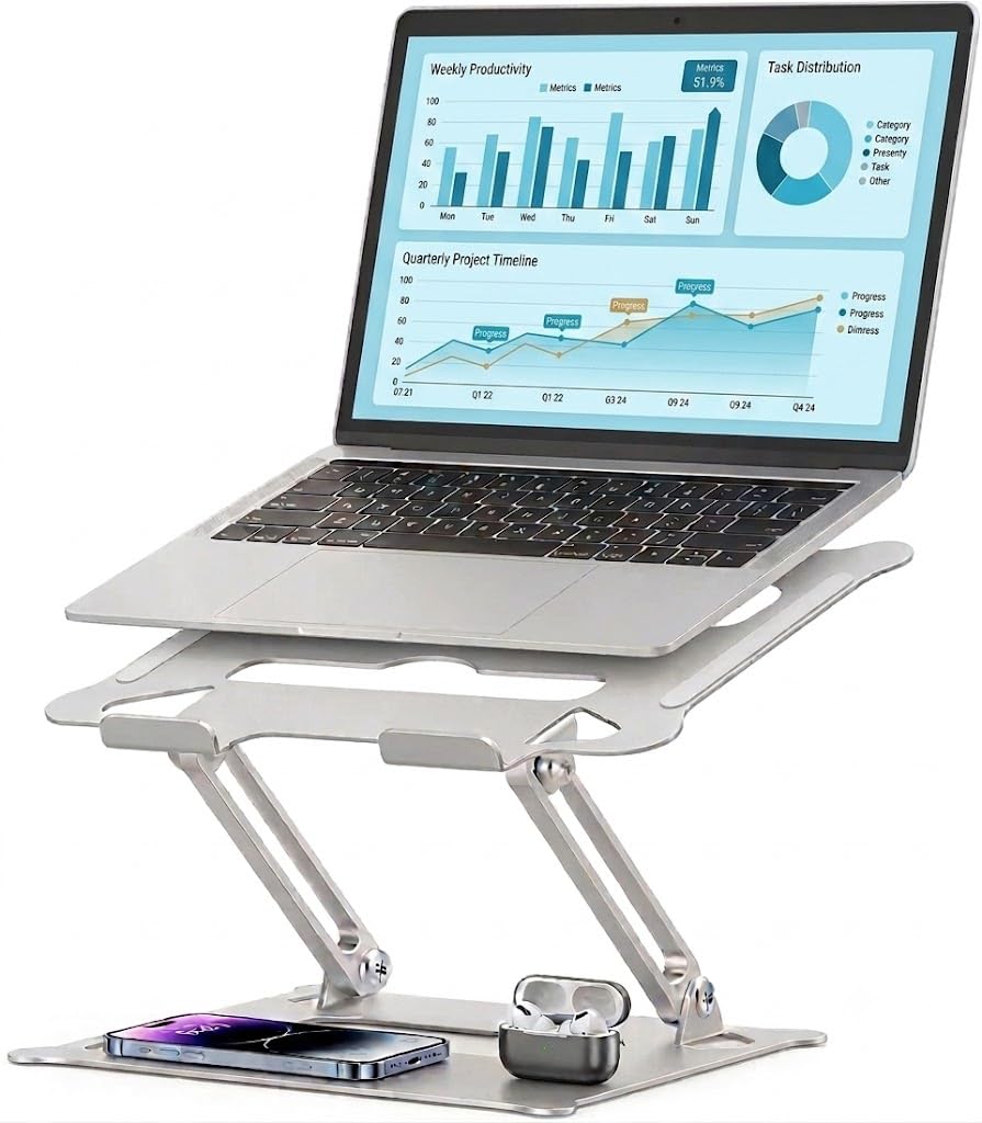 Suporte para Notebook Ergonômico Dobrável em Alumínio Ajustável e Ventilado Para Laptops de 10 a 17,3 Polegadas Suporta até 10kg Ideal para Home Office e Estudos (MacBook, Dell, Lenovo e Outros)