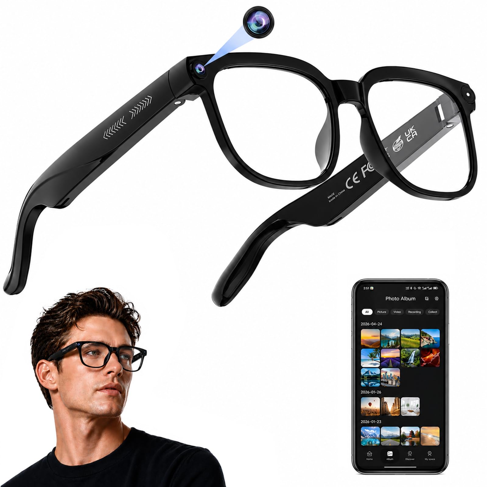 Óculos inteligentes AI com câmera, captura de vídeo e foto HD 4K, tradução em tempo real, óculos de gravação com assistente de IA, áudio de ouvido aberto, reconhecimento de objetos, Bluetooth, para