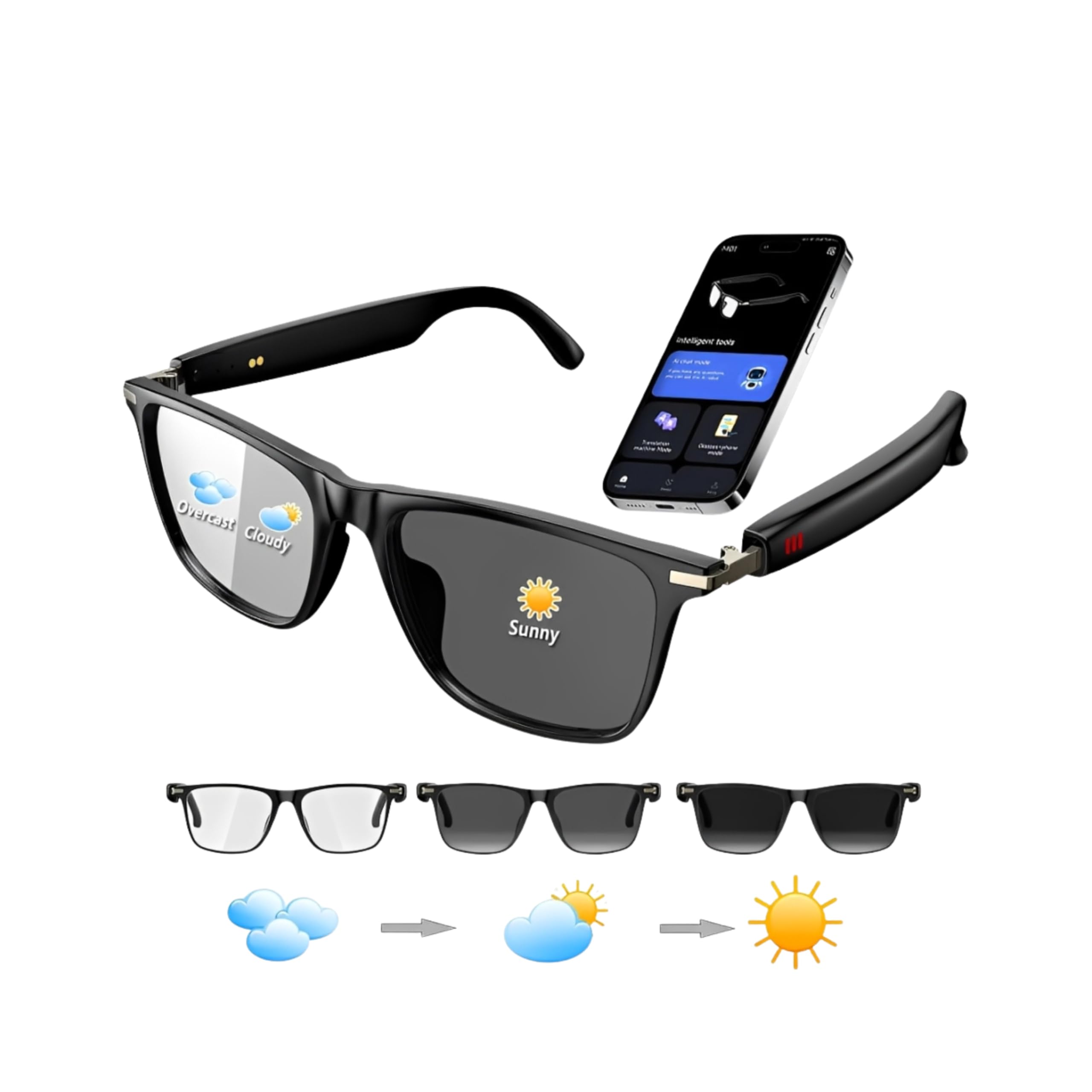Óculos Inteligente AI ChatGPT com Tradução em 160 Idiomas, Bluetooth, Chamada por Voz, Lente Fotocromática e IP67 Smart Glasses
